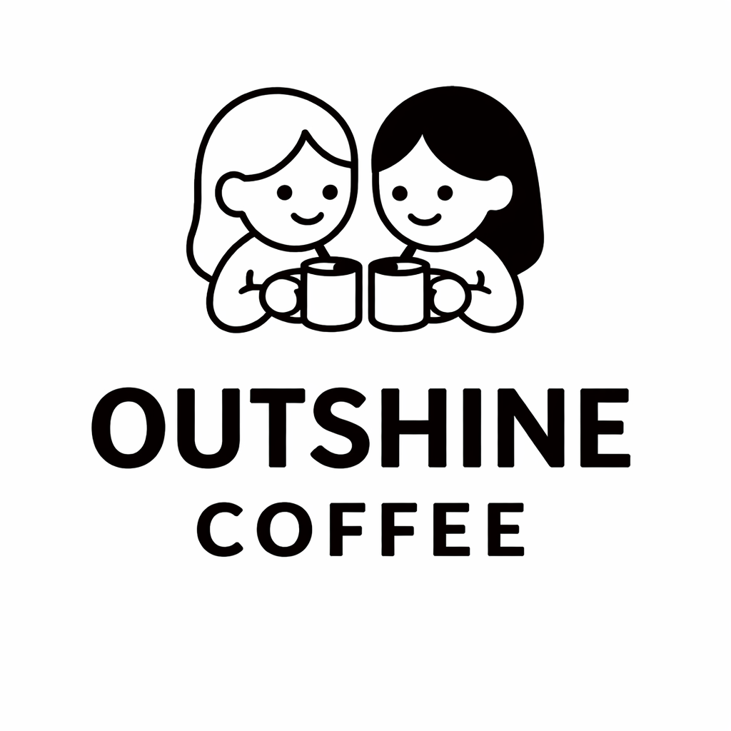 A black and white logo for Outshine Coffee featuring two smiling women holding coffee mugs, with the words "OUTSHINE COFFEE" below them.