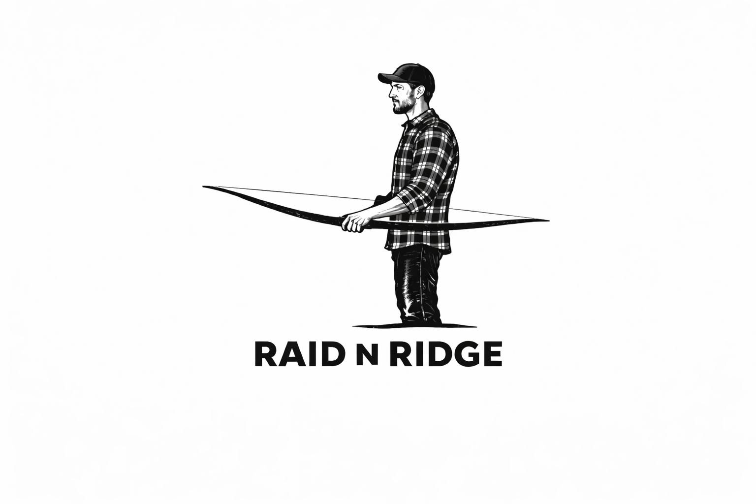 A black-and-white illustration of a man in profile standing and holding a bow, with the words "RAID N RIDGE" below.