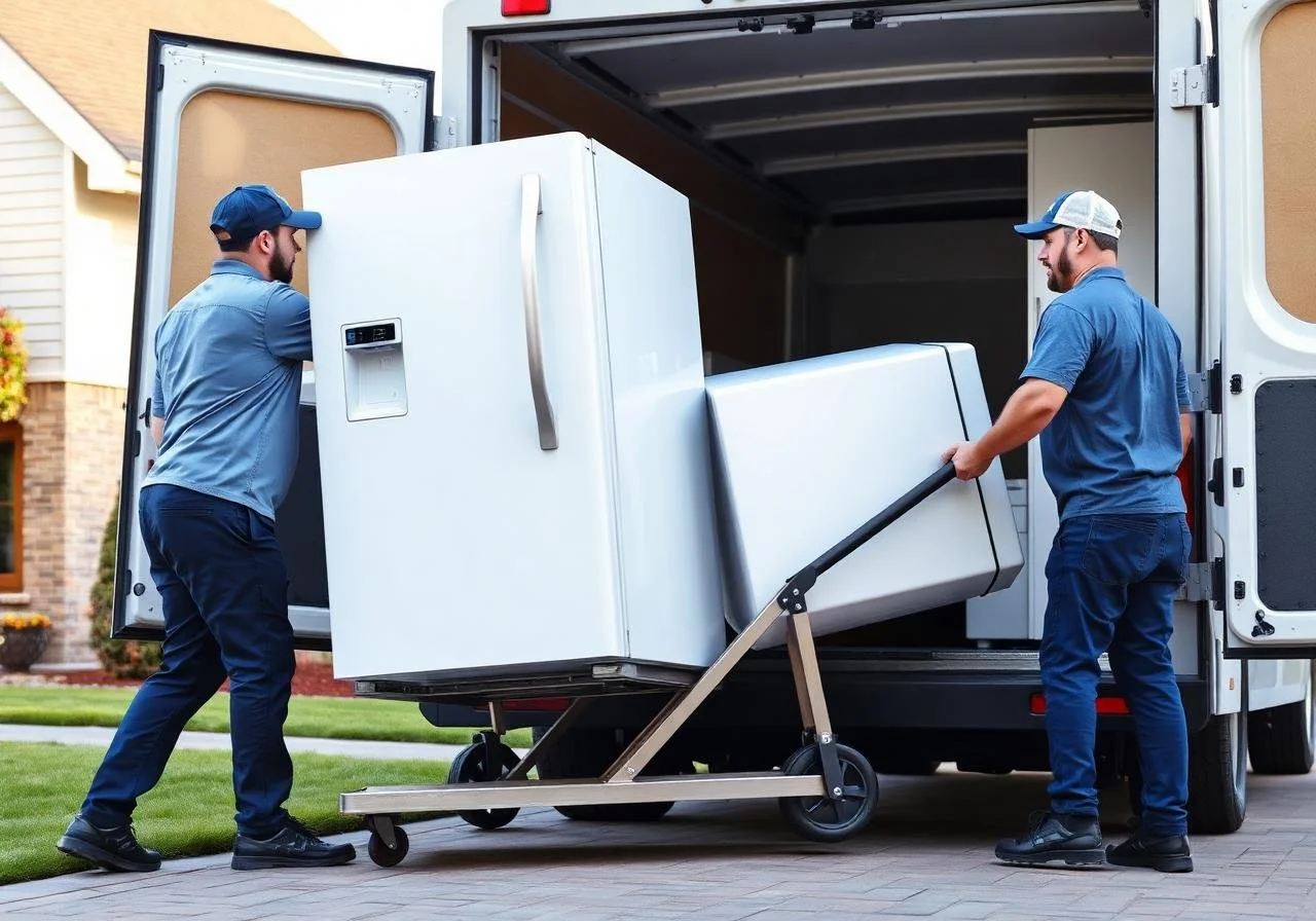 Two moving men load a refrigerator into a moving truck using a hand truck in a suburban neighborhood.