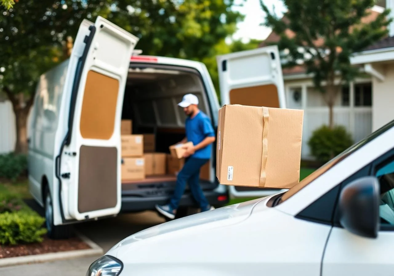 A person loading cardboard boxes into a white van from a white car in a residential neighborhood with trees and houses in the background.