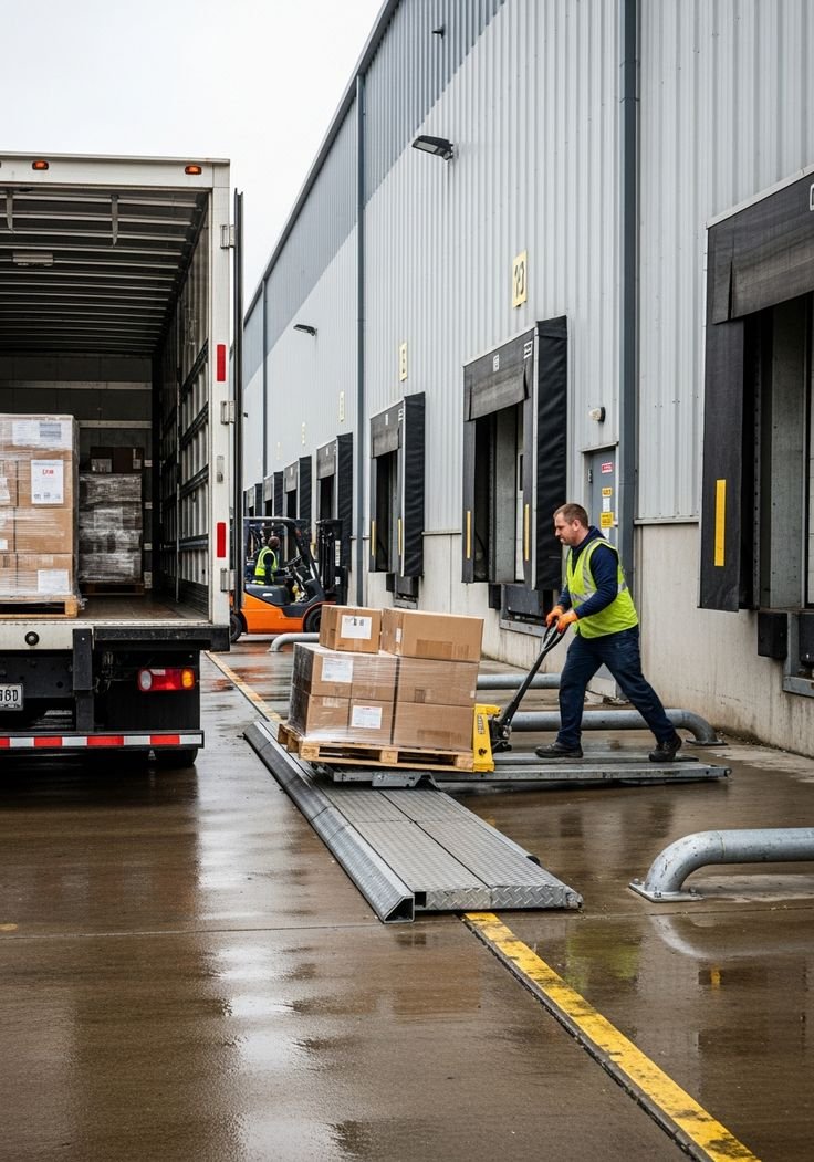 Worker using a hand truck to unload boxes from a truck at a loading dock outside a warehouse on a rainy day.