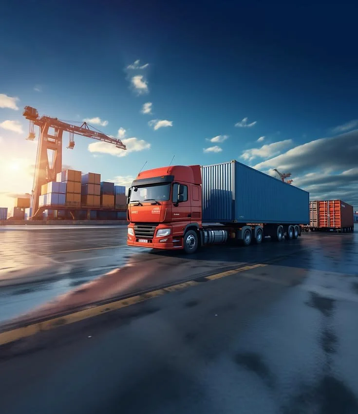 A red semi-truck is driving on a wet road near a cargo port with containers and cranes under a partly cloudy sky.