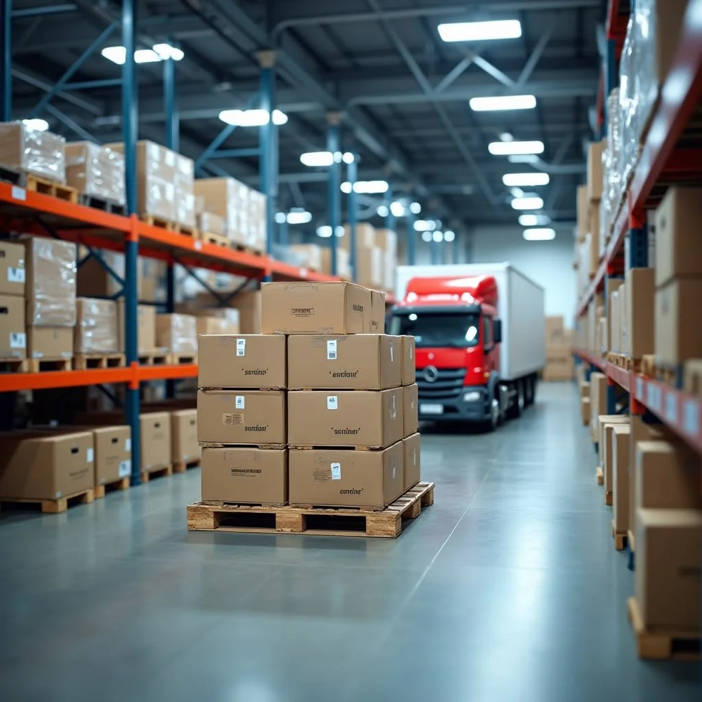 Warehouse with shelves filled with cardboard boxes, a pallet with boxes in the center, and a red delivery truck in the background.