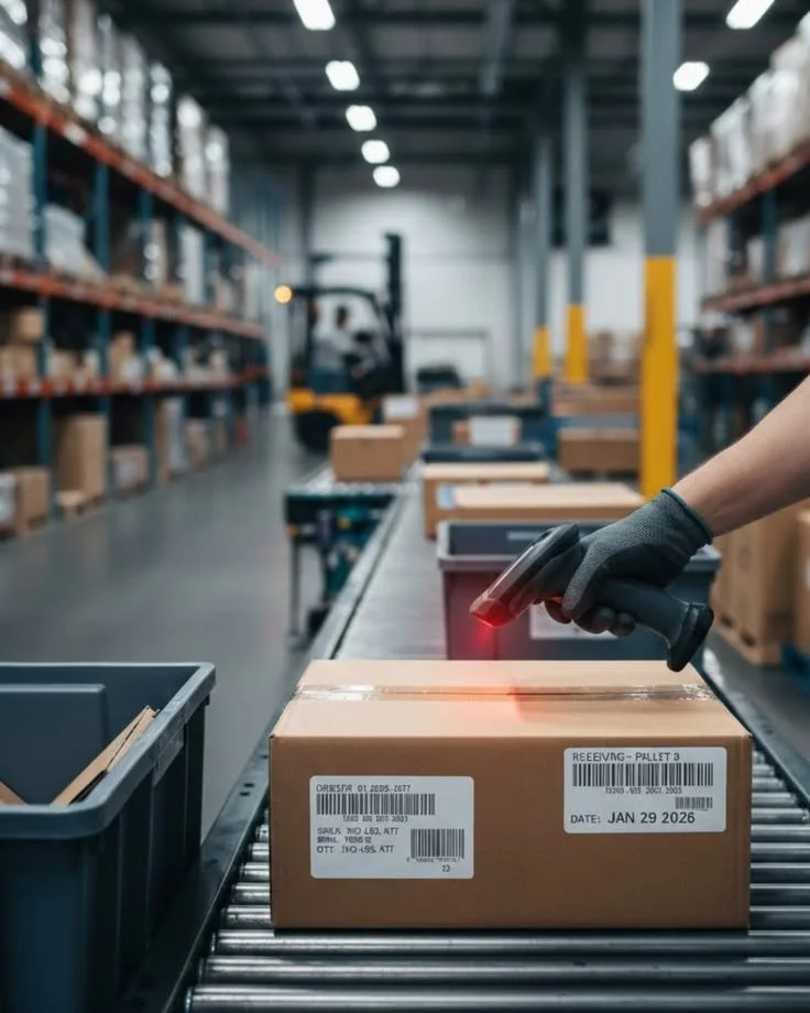 A worker scans a cardboard box with a handheld scanner in a warehouse, with shelves filled with boxes and a forklift in the background.