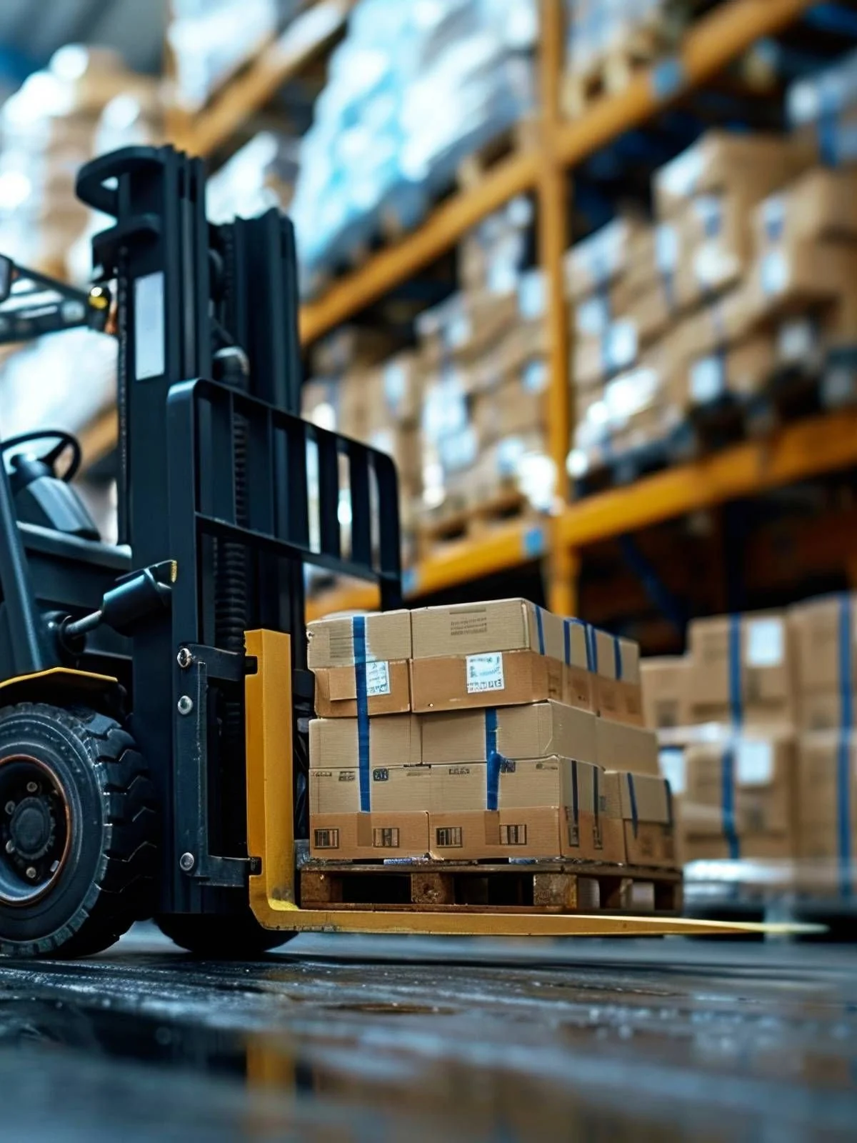 A forklift in a warehouse moving a pallet stacked with multiple cardboard boxes, with shelves filled with more boxes in the background.
