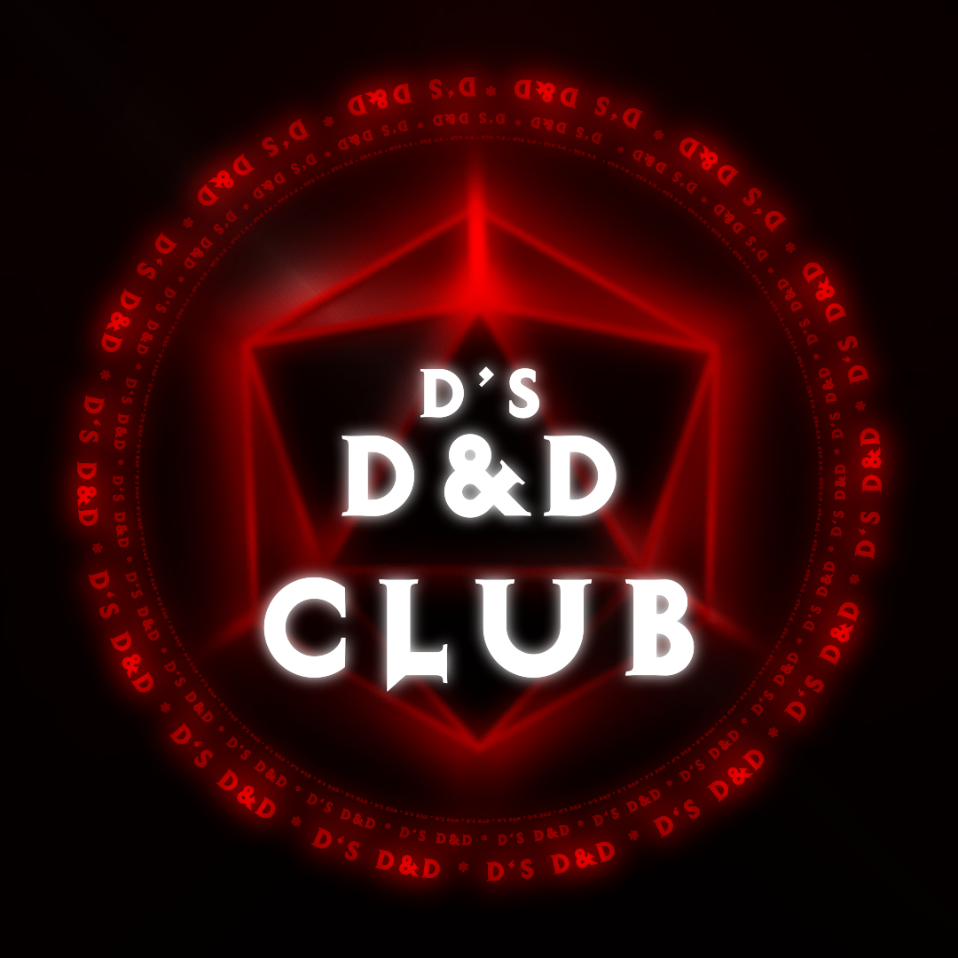 Logo for D's D&D Club featuring a red geometric design and circular text in red reading D's D&D around a d20 die.