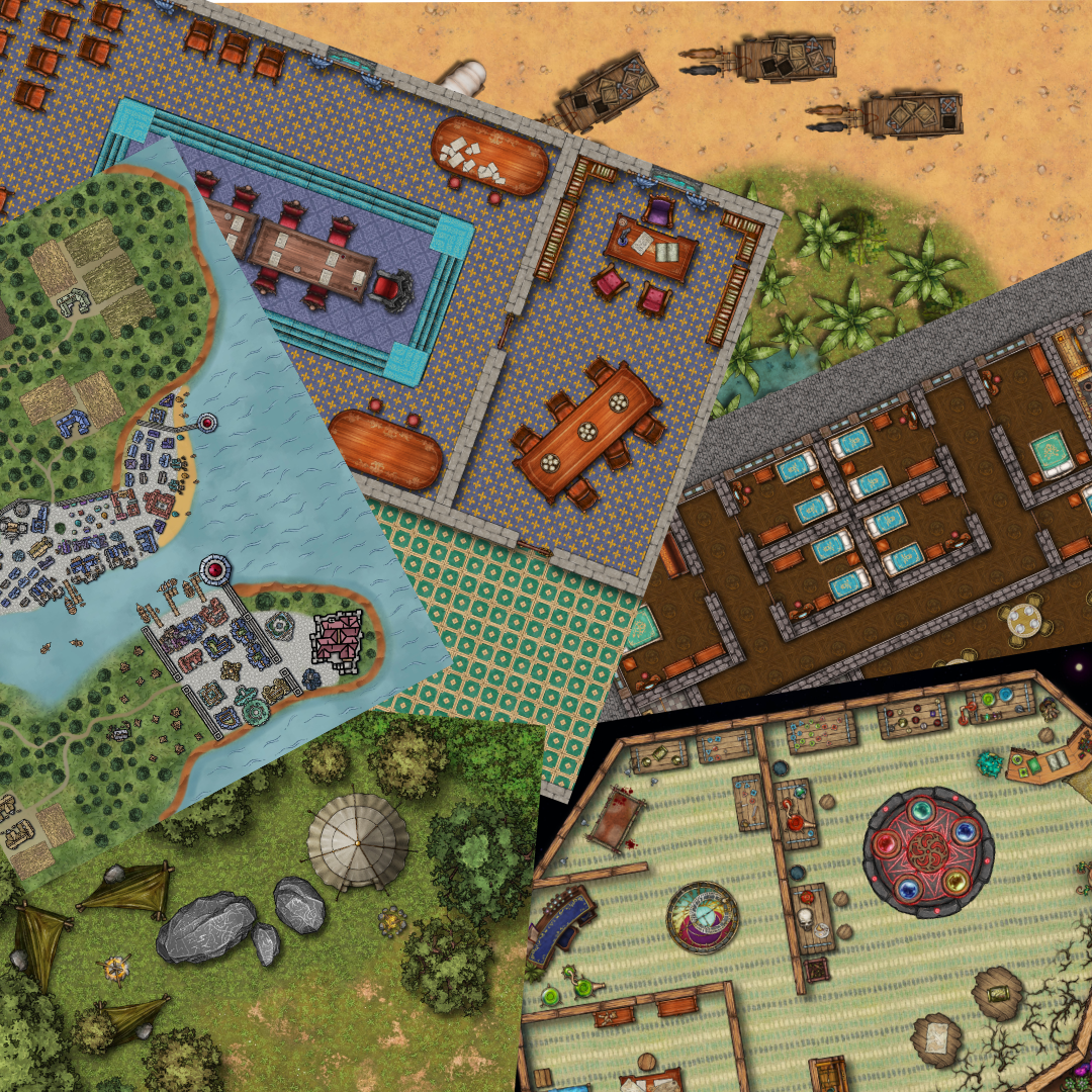 A detailed 2D fantasy map featuring various terrains and structures, including forests, lakes, a beach with buildings, a castle, a pagoda, and different indoor rooms such as libraries, dining halls, a workshop, and game rooms.