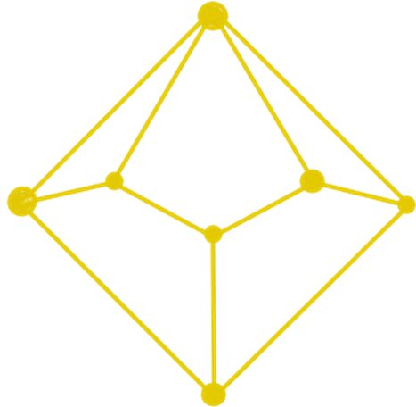 3D geometric shape with yellow lines and dots forming a diamond and cube structure.