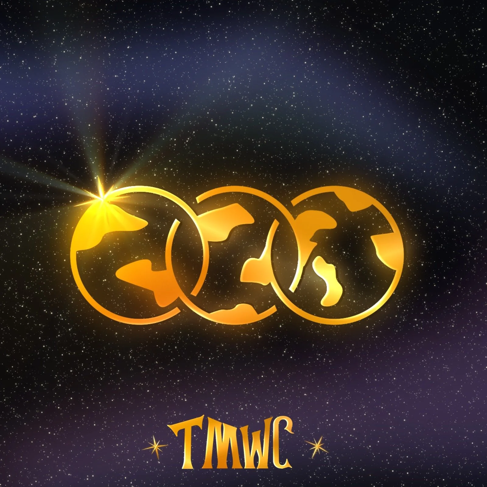 Many Worlds Logo, three interconnected gold planets, against a star filled backdrop. 