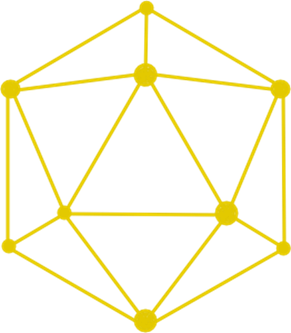A yellow geometric shape resembling a 3D cube or polyhedron with interconnected lines and vertices against a black background.
