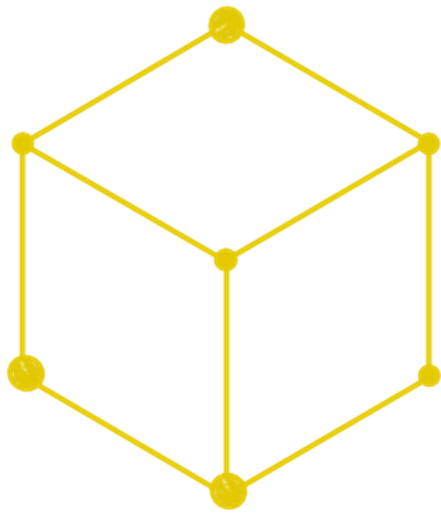 A 3D wireframe illustration of a cube with yellow lines and dots at the vertices.