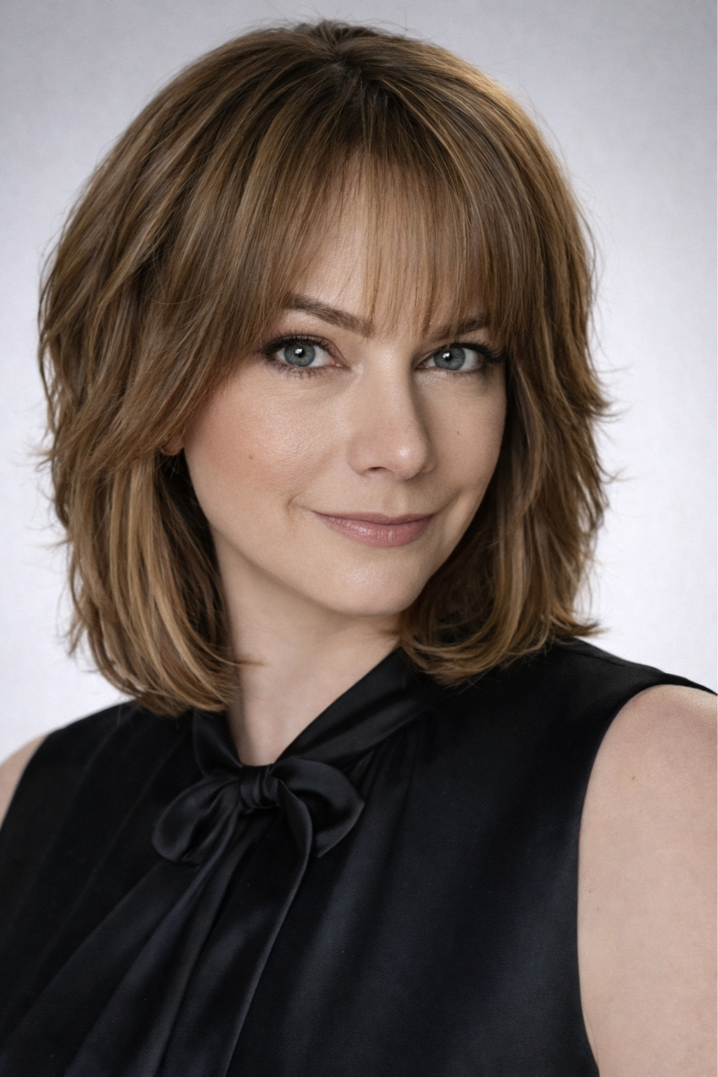 A woman with shoulder-length reddish-brown hair and blue eyes, smiling softly, wearing a black sleeveless top with a bow tie at the collar, against a plain white background.