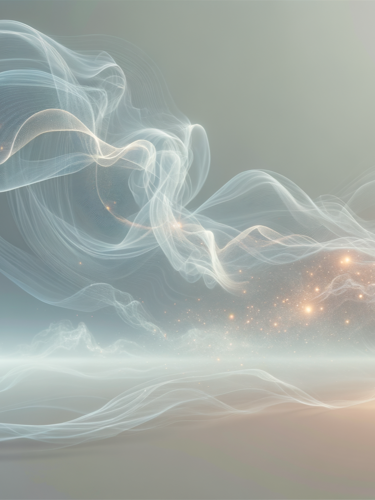 Abstract digital artwork featuring swirling white and golden light patterns against a soft gray background.