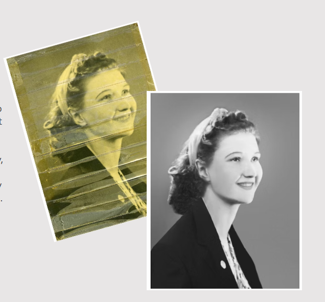 Two vintage photos of a smiling young woman with wavy hair and a headband, one in color with a distressed look and the other in black and white, both showing her in a profile view.