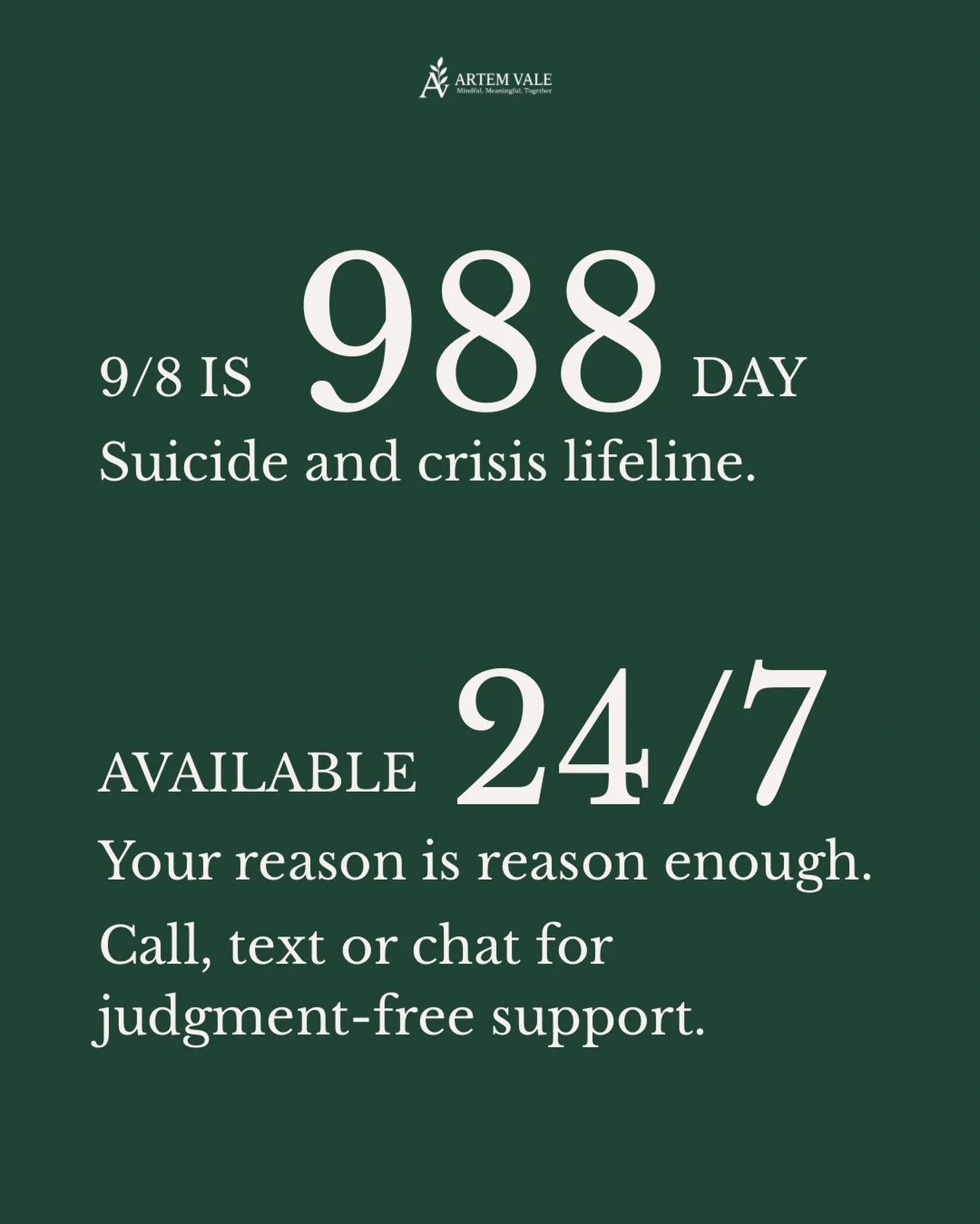 9/8 is 988 day. Today is a reminder that judgement-free support is available 24/7 by calling texting or chatting 988. 💜

Your reason is reason enough, you don&rsquo;t have to be in crisis to use the suicide and crisis lifeline. People reach out for 