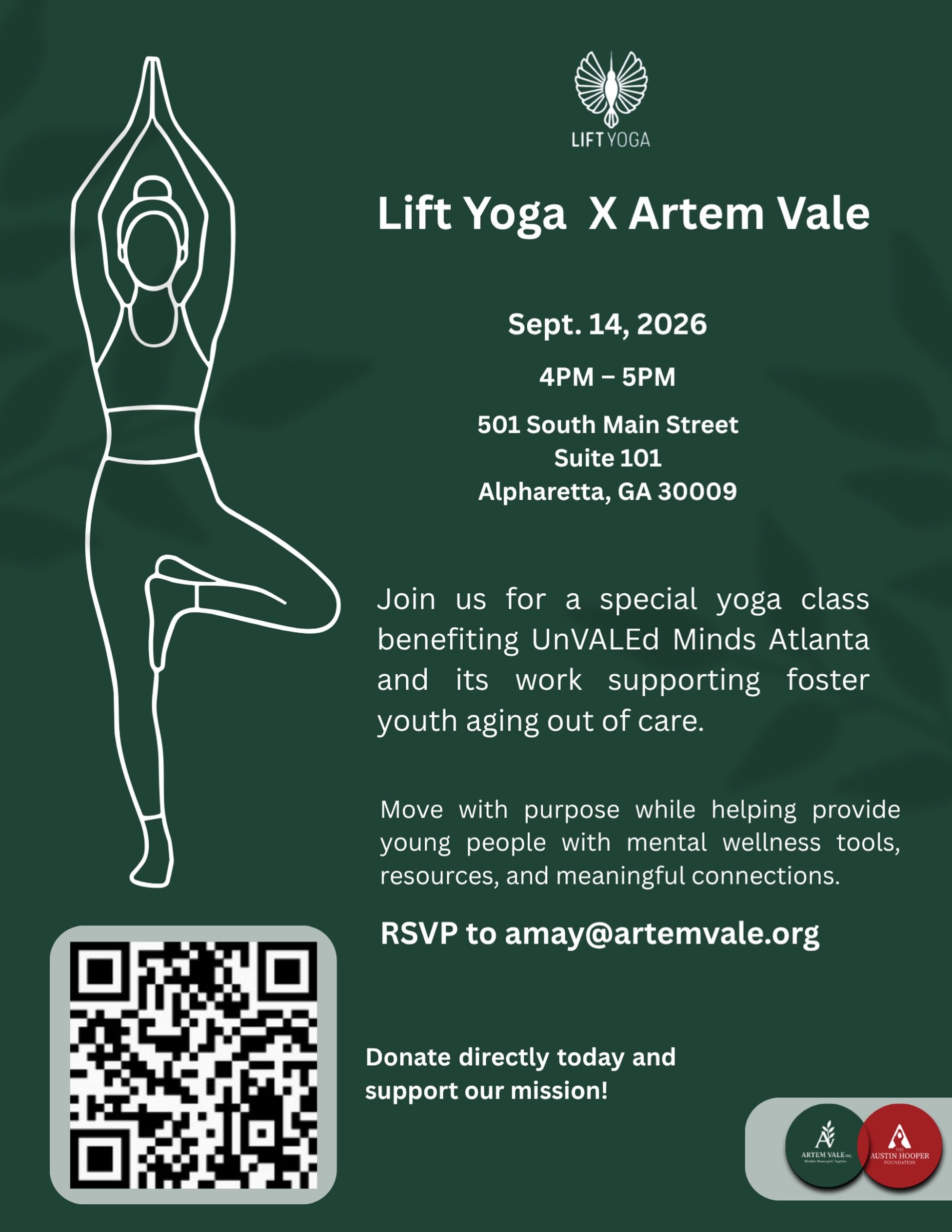 Today is the day! Join us at @liftyoga in Alpharetta, GA for a yoga class that gives back! 

RSVP to amay@artemvale.org, see you at 4pm!