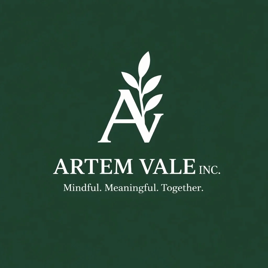 Logo of Artem Vale Inc. featuring stylized initials AV with a leaf design, on a dark green background. Tagline reads 'Mindful. Meaningful. Together.'