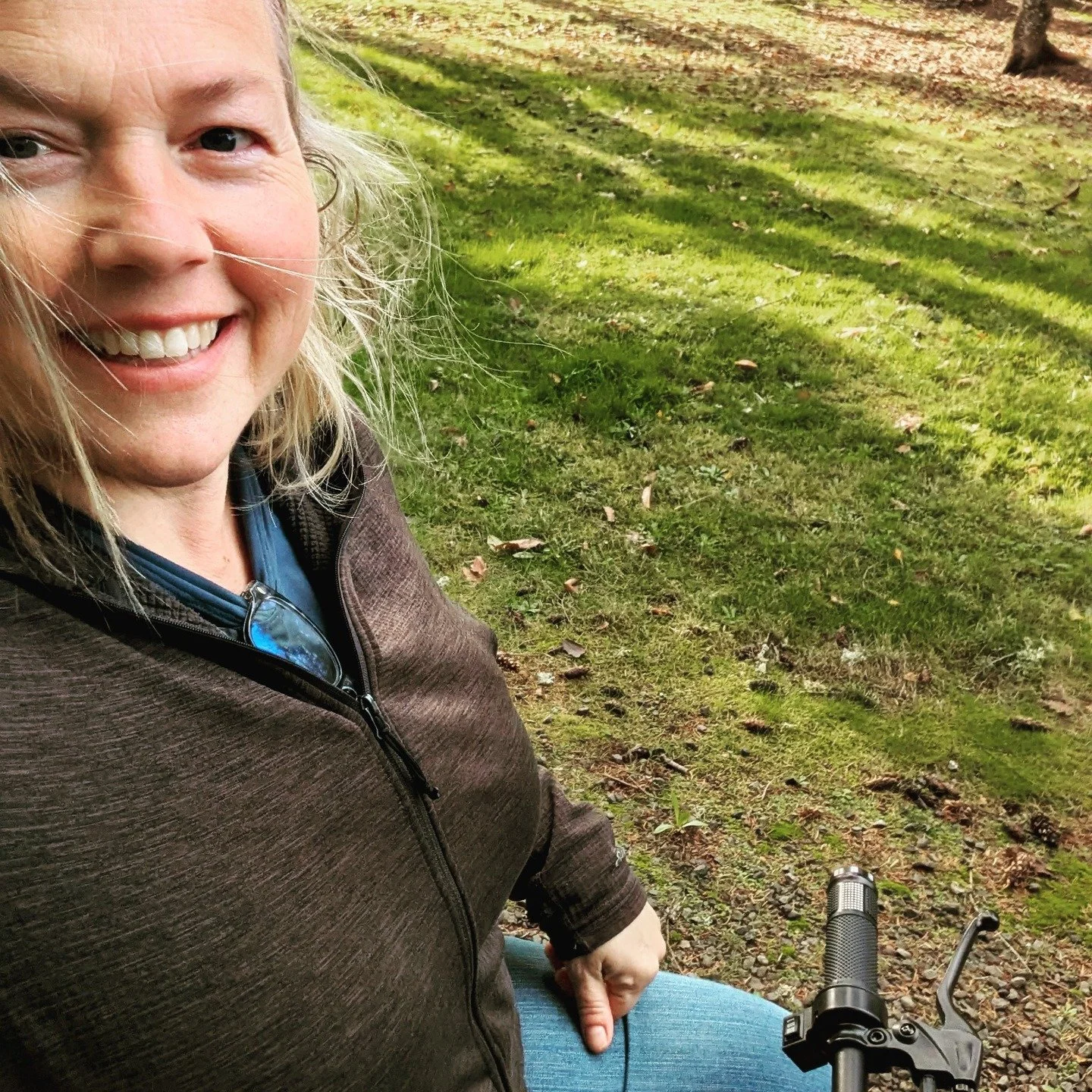 I know this looks like I'm having a good time. And I was, but what you can't see in this picture is that this isn't a bike, it's a mobility scooter. I'm recovering from a big foot surgery and I've been in pain, restless, and barely getting outside. T