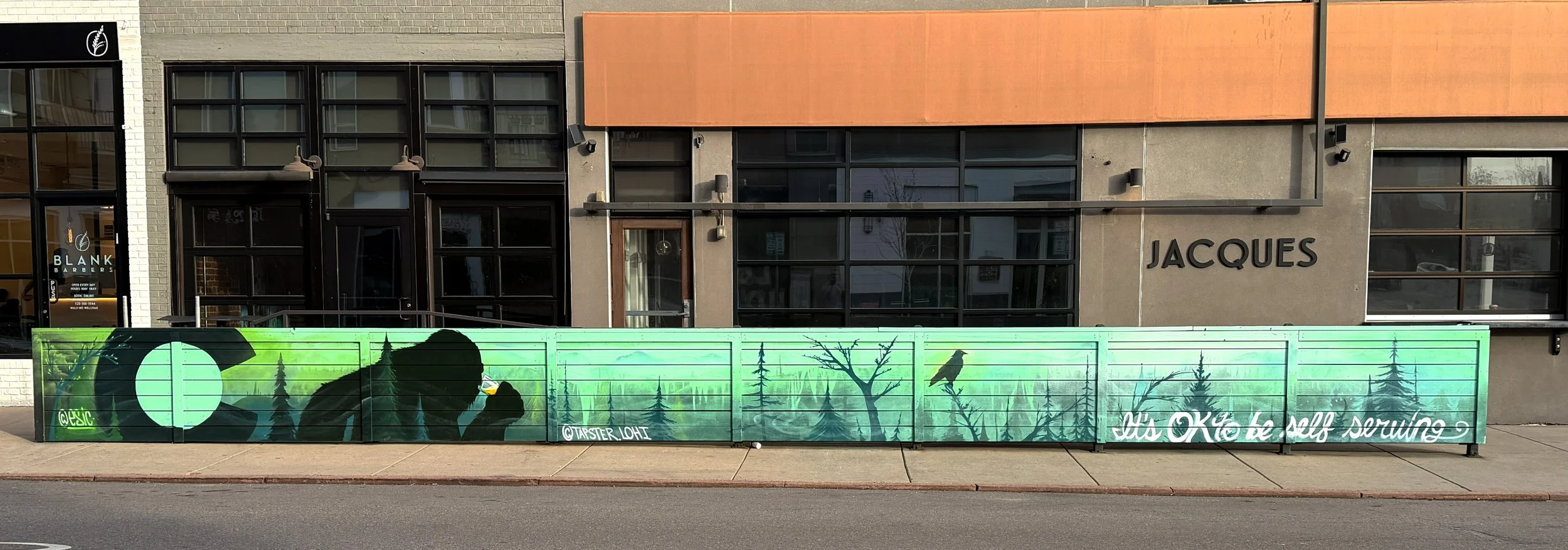Street art mural on a green fence depicting a person with a hat, a crow, trees, and a full moon with grass in the background. The mural includes the phrase 'It's OK to be self-suing' and handles '@WESTC' and '@TASTER_LOHI.'
