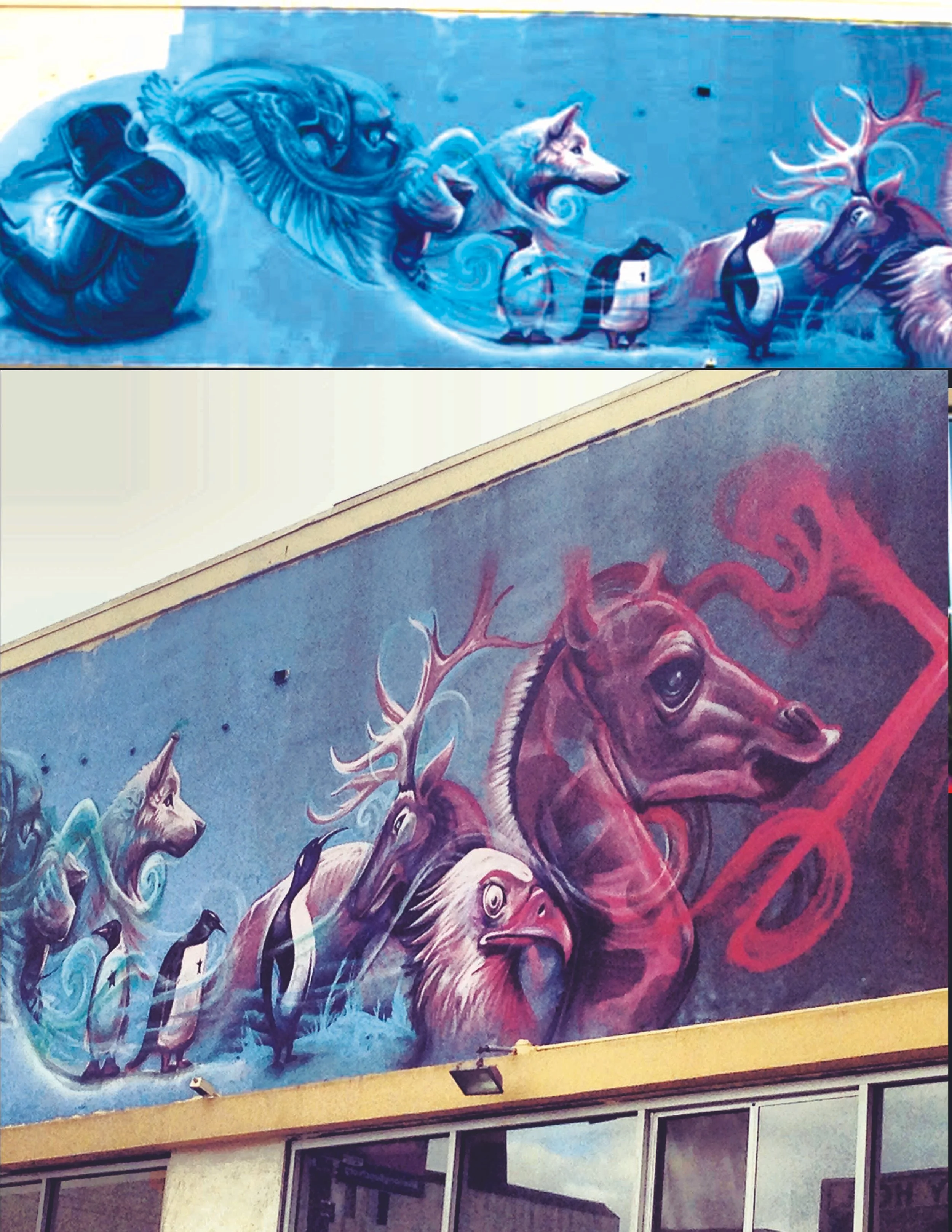 Colorful street mural featuring animals and mythical creatures, including a lion, fox, deer, and penguins, painted on a building exterior.