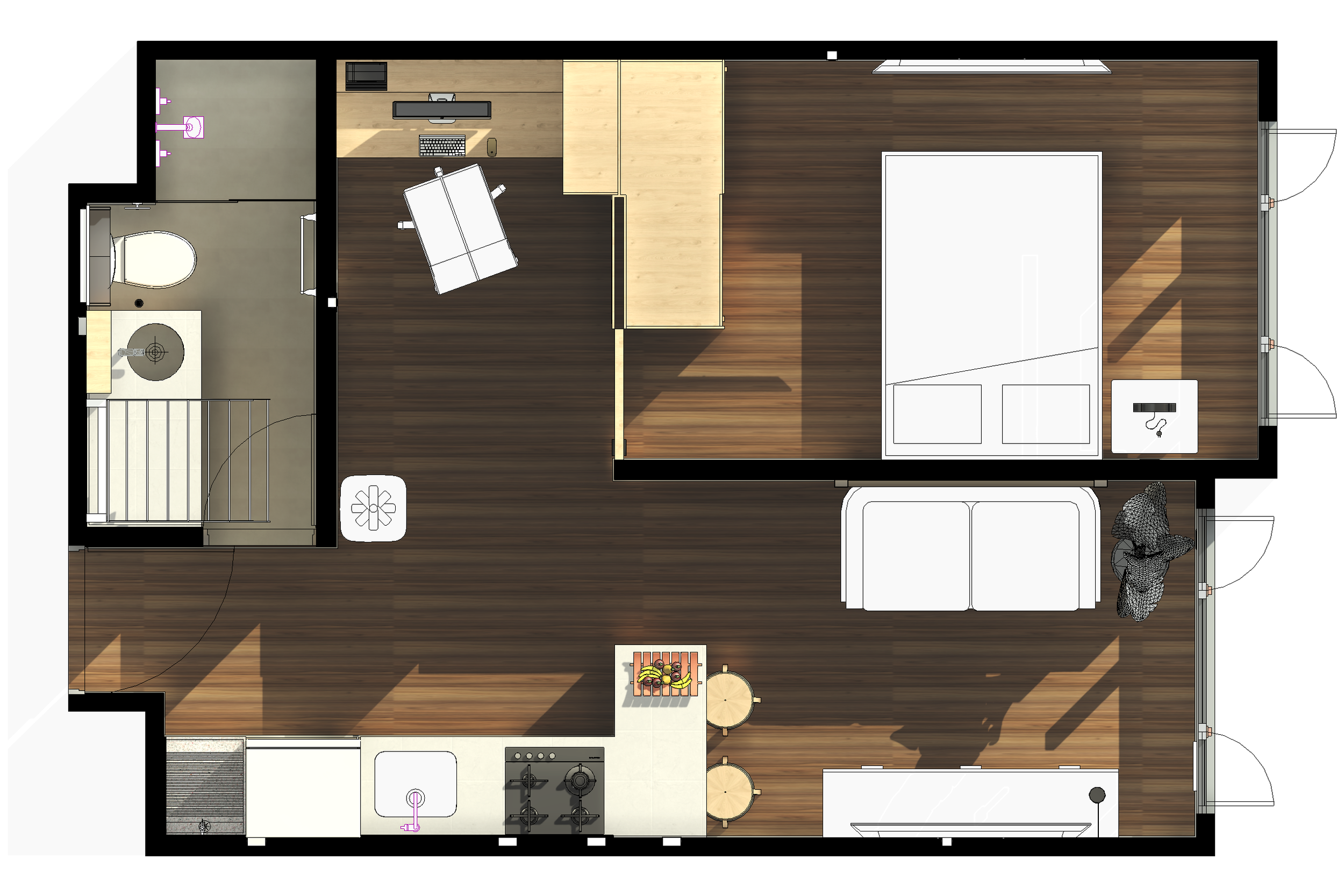 Plano de un apartamento con área de cocina, sala, habitación, baño y área de estudio, con muebles y puertas de vidrio