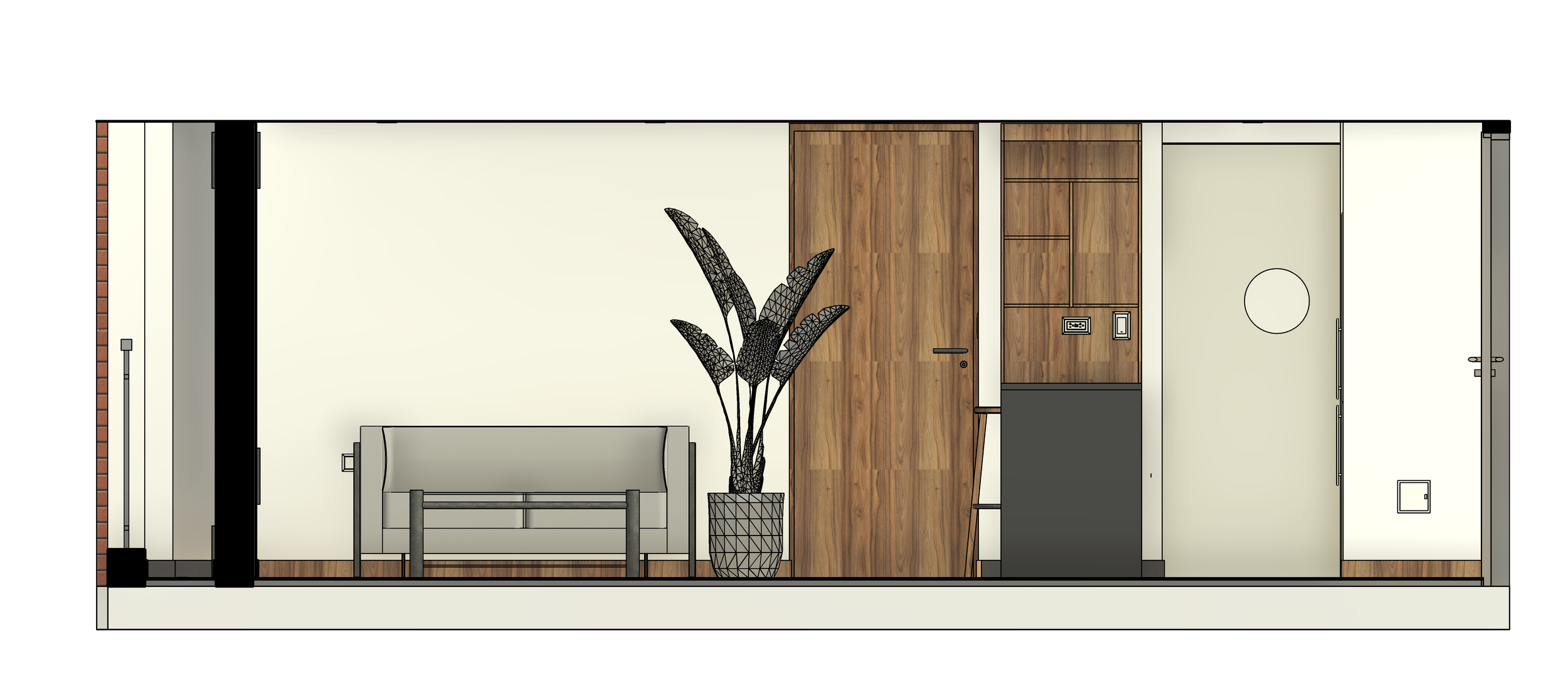 Plano de un espacio interior con una sala de estar, una planta decorativa, puerta de madera, paredes y detalles en tonos neutros y madera.