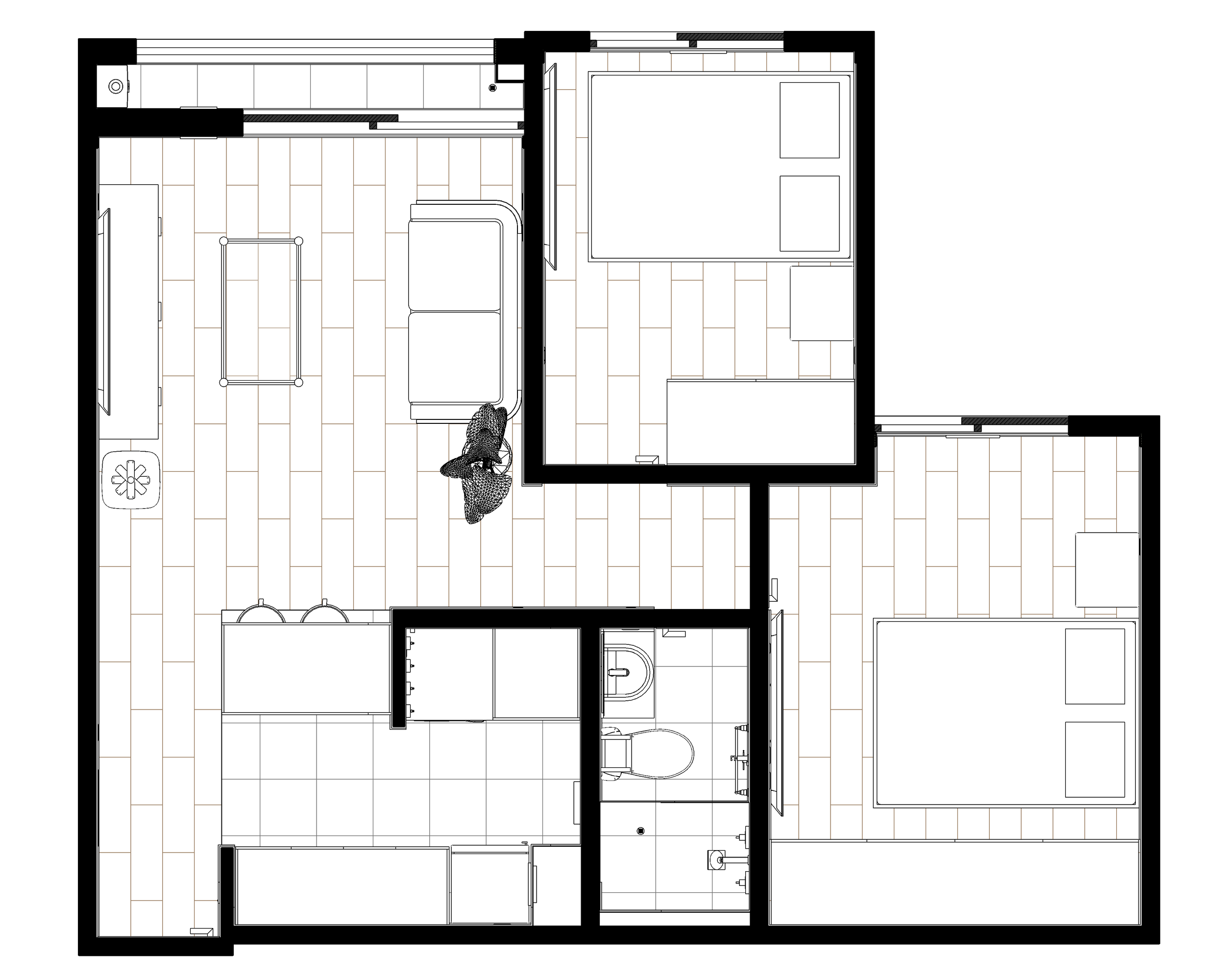 Plano de apartamento con dos habitaciones, sala, cocina, baño y balcón.