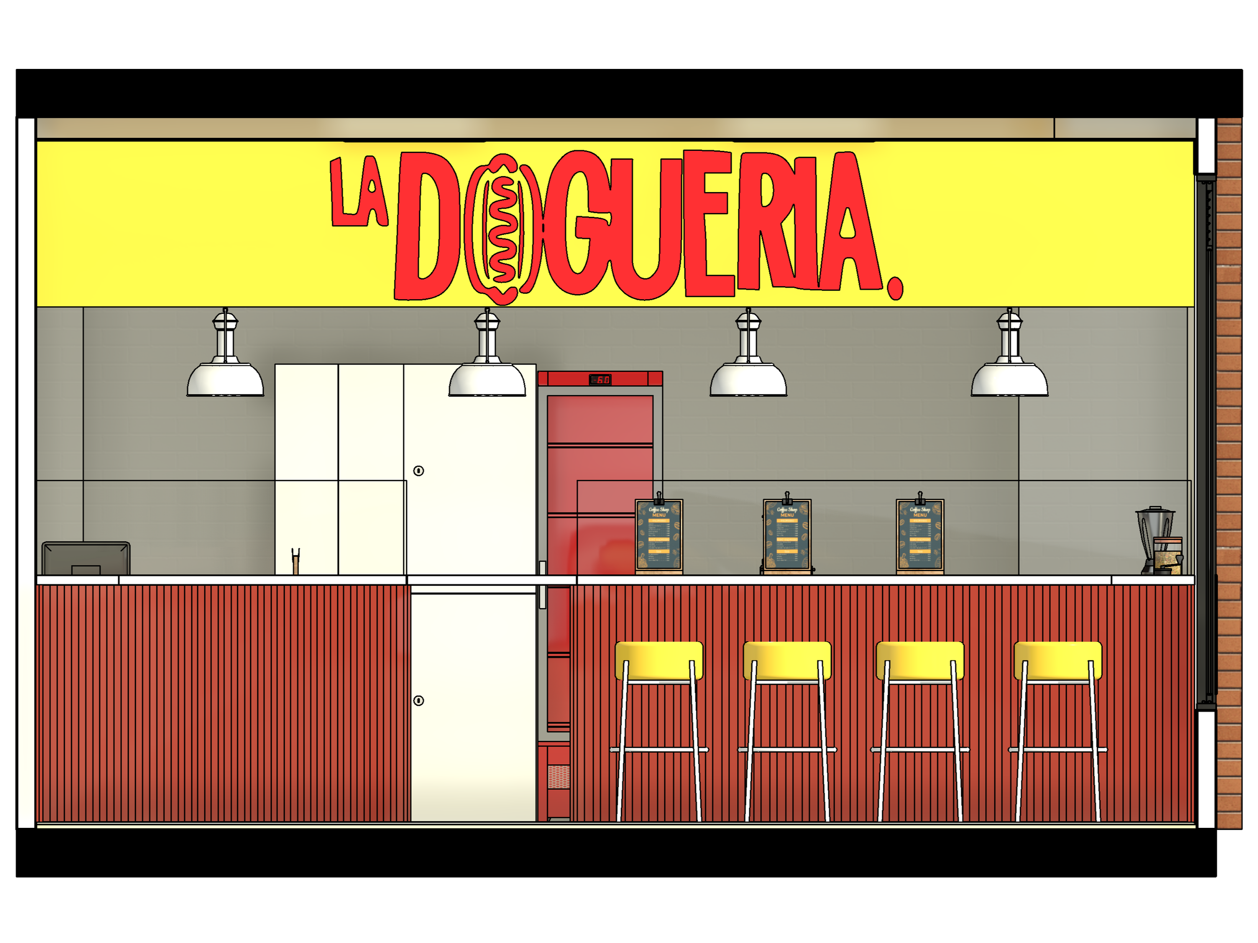 Vista frontal de un restaurante con letrero en color amarillo que dice 'LA DÓGUERIA'.