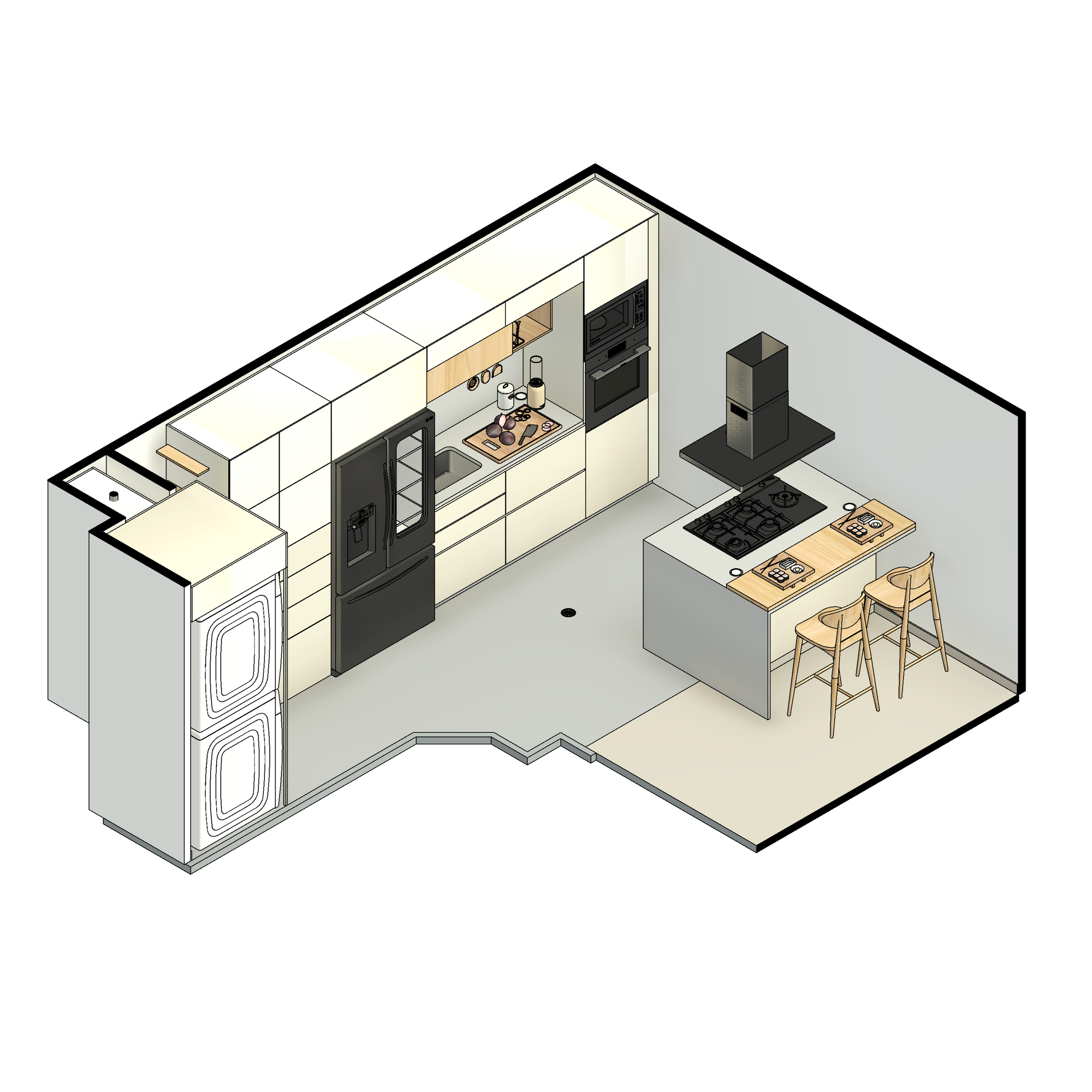 Diseño de una cocina moderna con electrodomésticos blancos y una isla con dos sillas de madera.