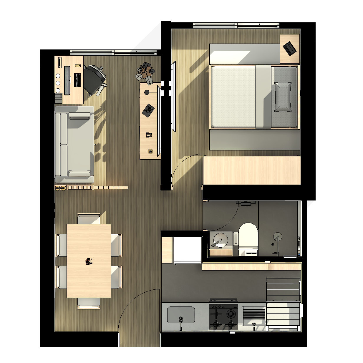 Plano de un apartamento que incluye una sala de estar, comedor, cocina, un baño y un dormitorio con una cama grande y un área de estudio.