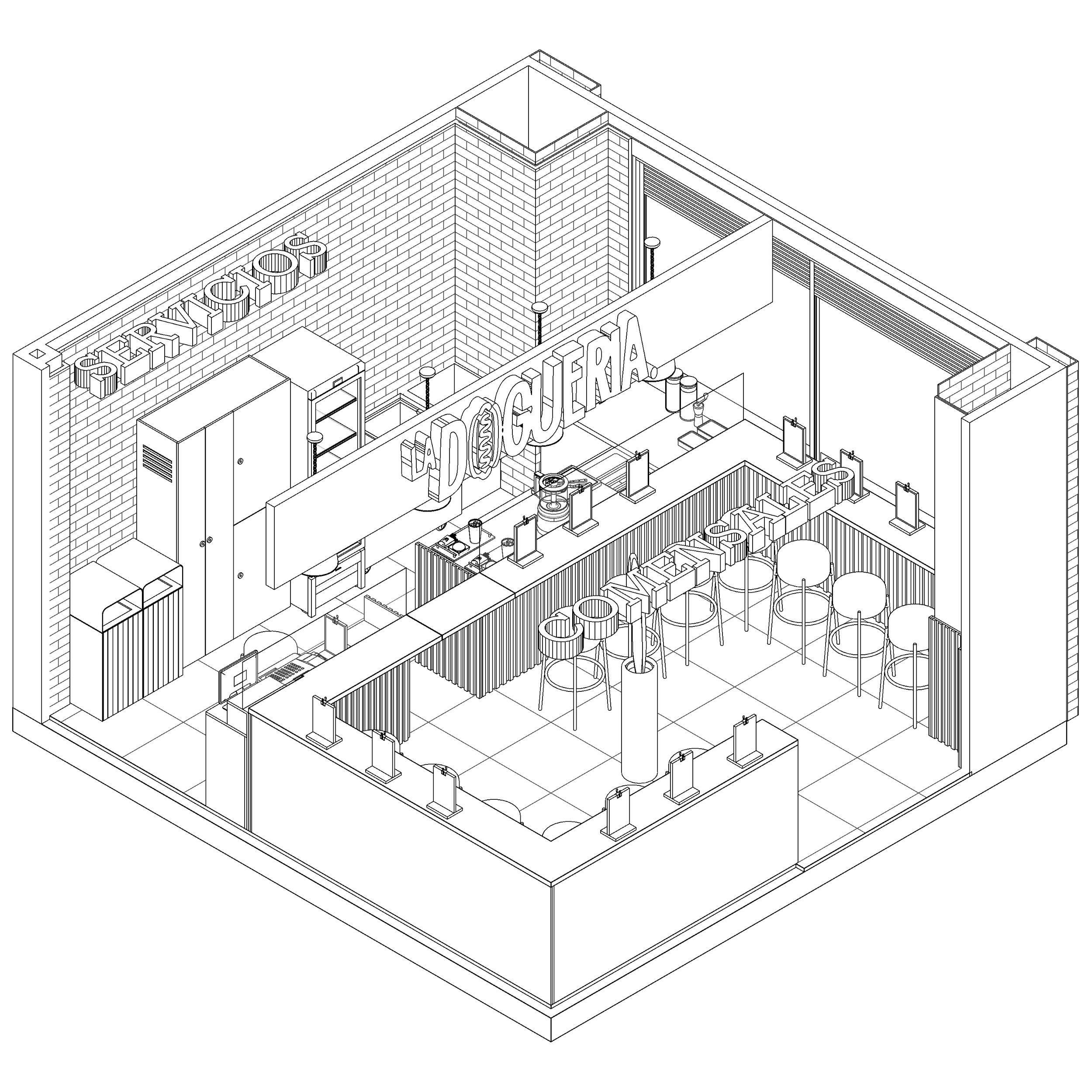 Modelo en línea de un bar con cartel que dice 'DÓCULA' y decoraciones con palabras como 'LENTE JAR' y 'SERVICIO' en las paredes.