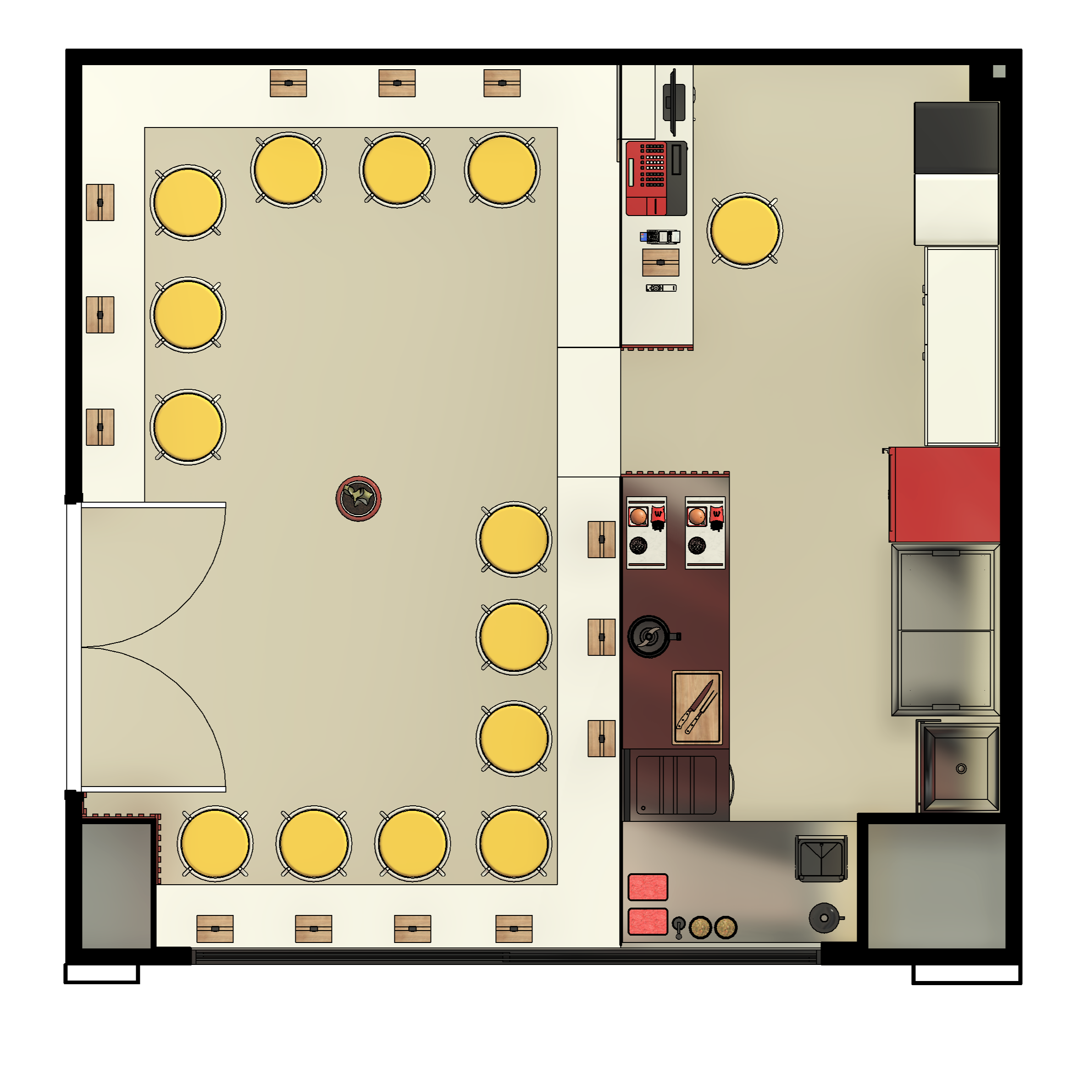 Plano de una cafetería con mesas redondas con sillas amarillas, barra de servicio con equipo de cocina y área de preparación.