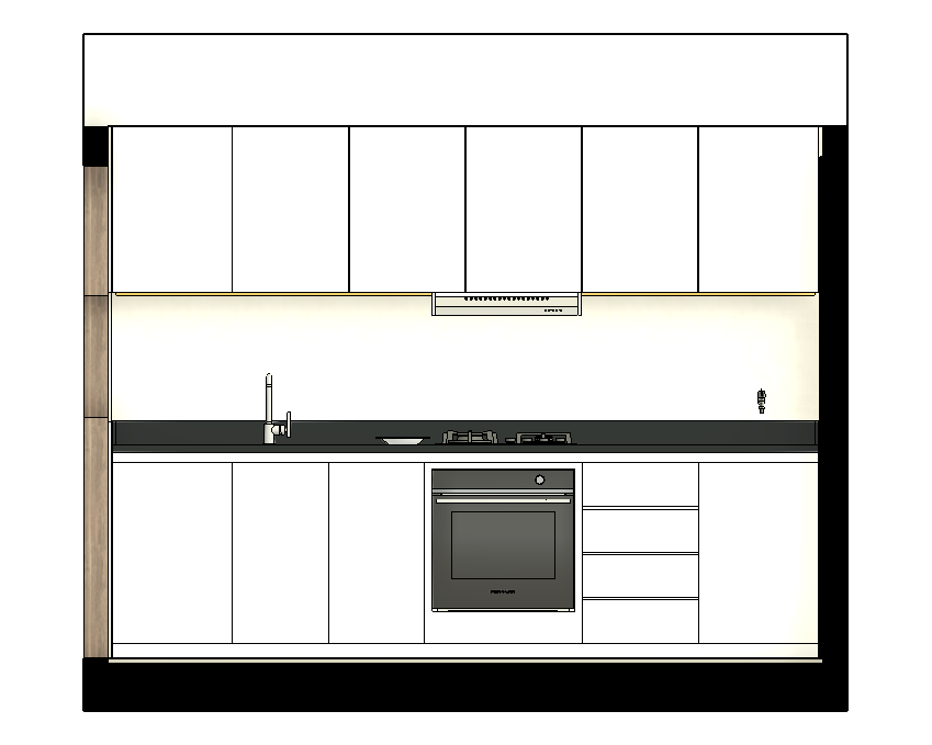 Diseño de una cocina moderna con gabinetes blancos, estufa y horno integrados y fregadero, con estanterías superiores y pared iluminada en fondo.