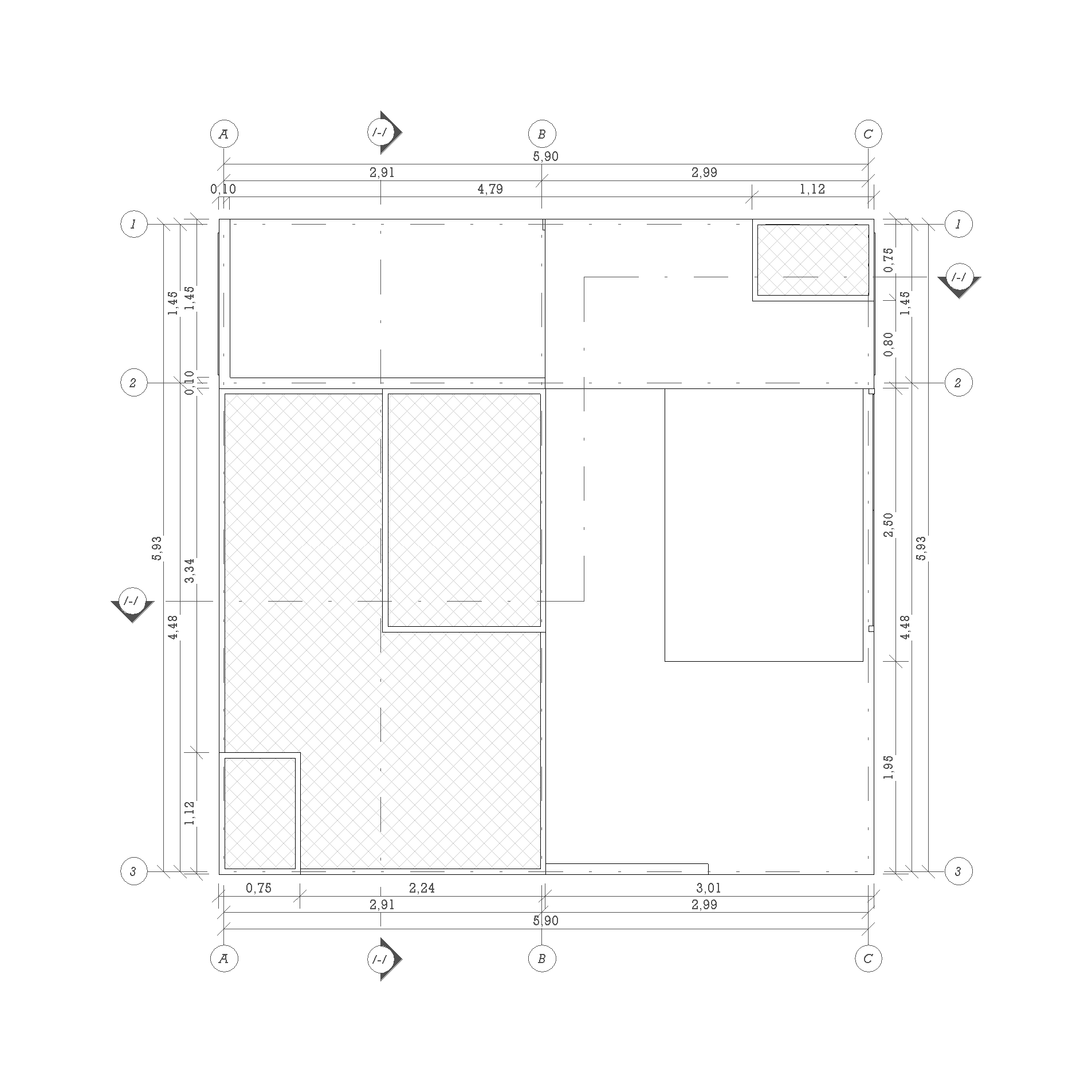 Plano arquitectónico de un edificio con dimensiones y detalles estructurales.