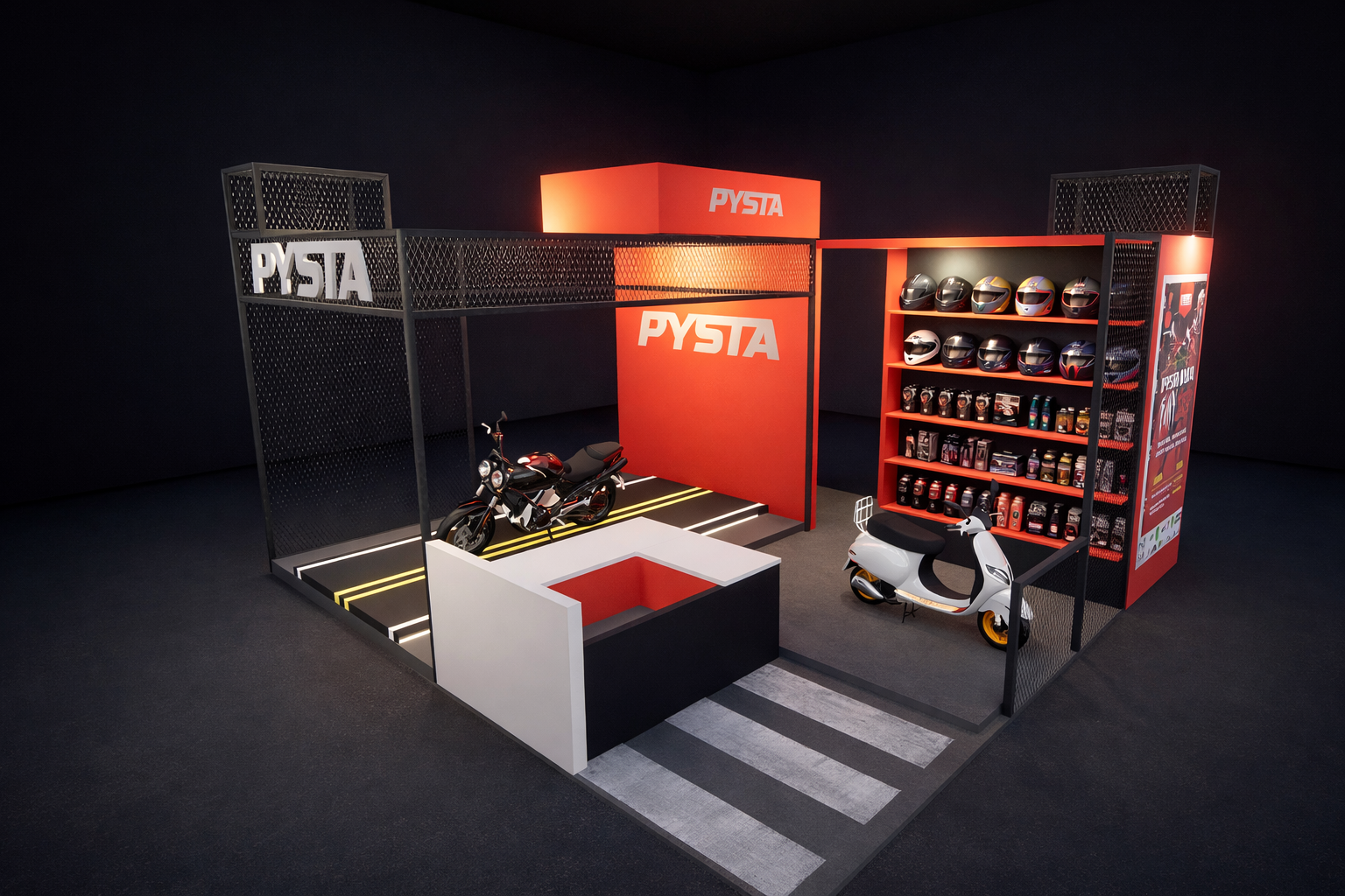 Exhibición de cascos, lubricantes y accesorios de motocicletas en un stand de PYSTA, con motos y un scooter en miniatura en un espacio decorado en negro y rojo.