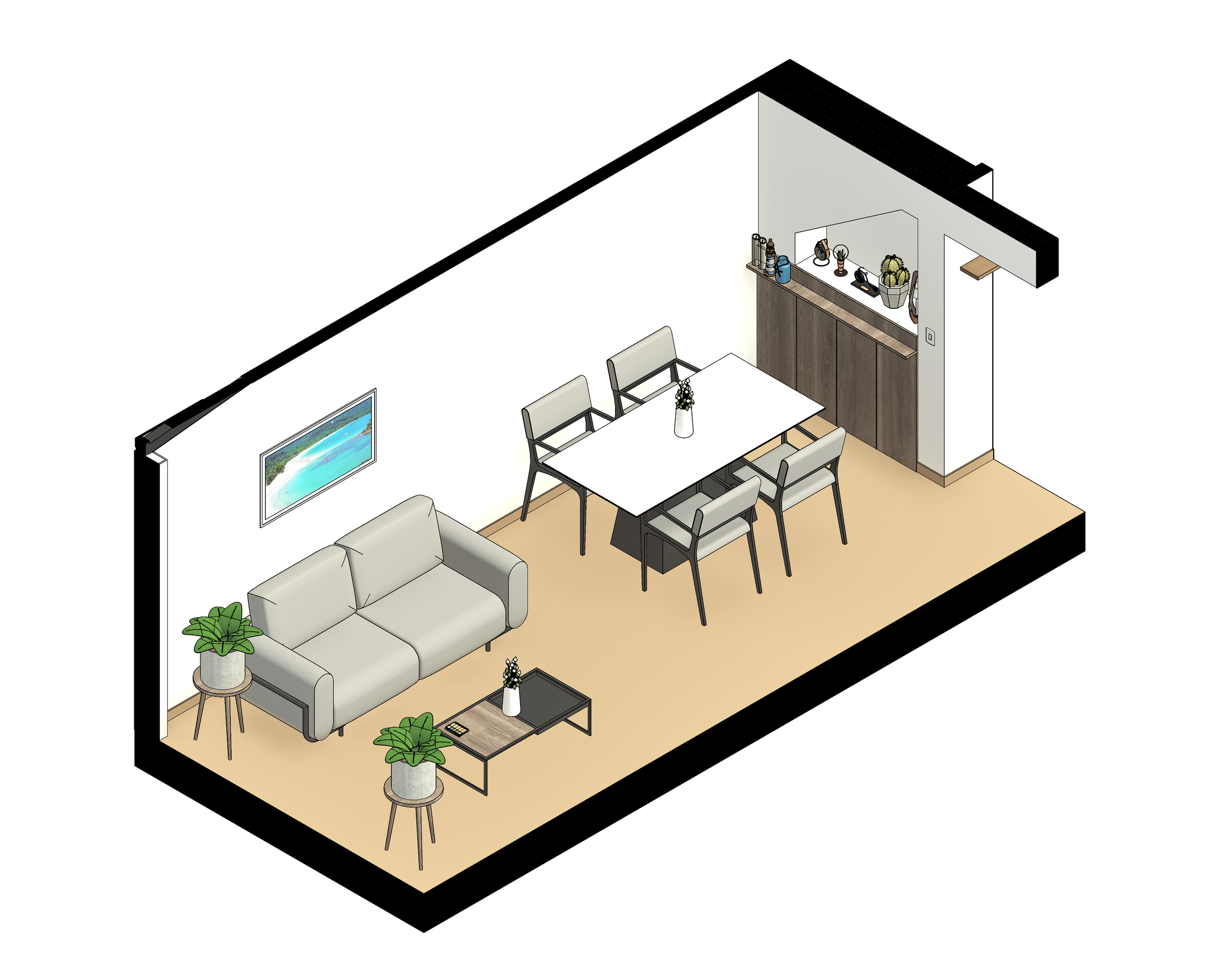 Sala de estar con sofá gris, mesa de centro, dos plantas en macetas, televisor en la pared, área de comedor con mesa blanca y seis sillas, y una cocina con armarios de madera y decoración en la encimera.