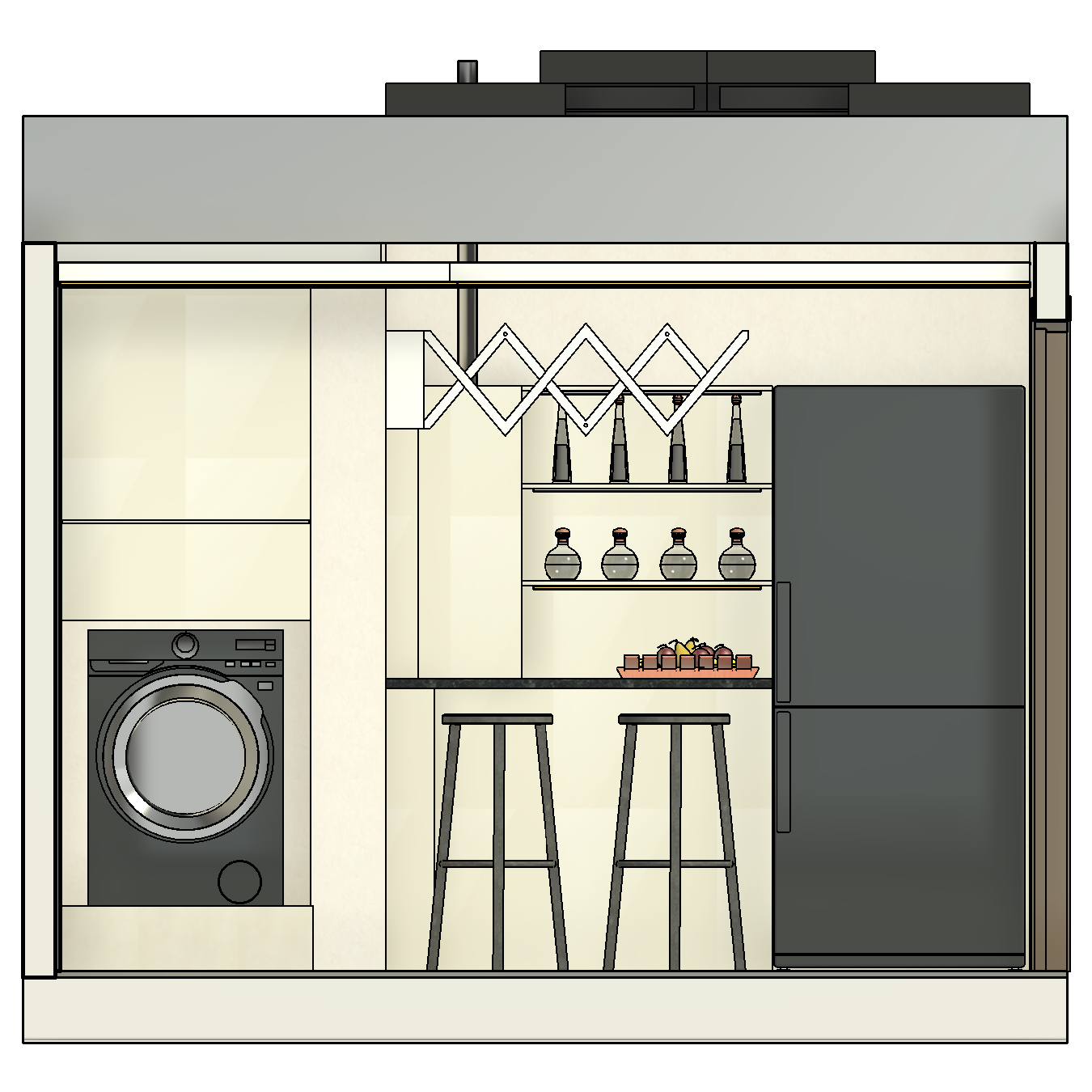 Dibujo de una lavandería con una lavadora, un refrigerador, estantes con botellas, una mesa de bar con bancas y un sistema de secado ajustado en el techo.