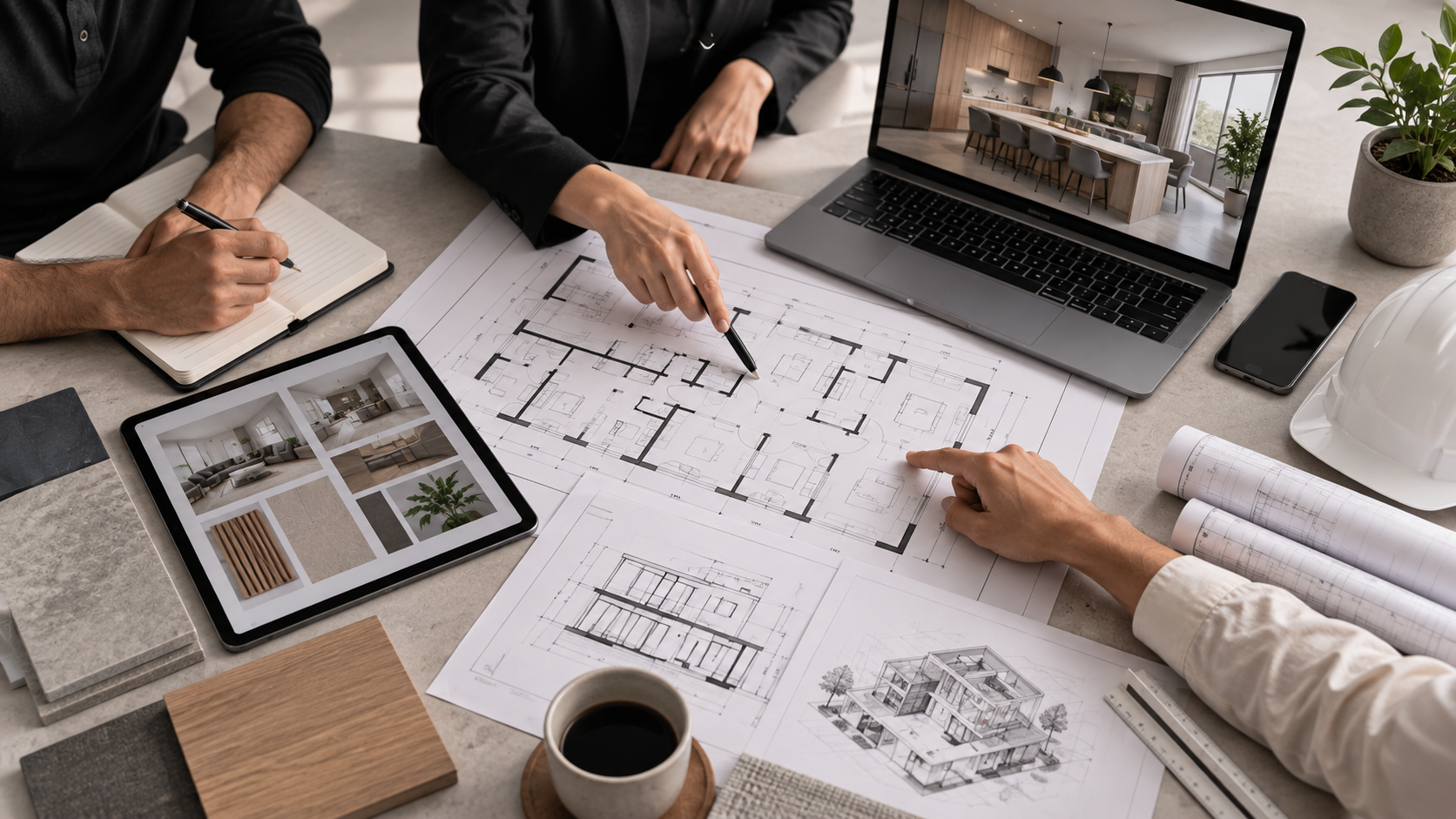 Dos personas revisando planos de arquitectura en una mesa, con una laptop mostrando un diseño de cocina moderna, una tableta con muestras de materiales y elementos de construcción, y una taza de café.
