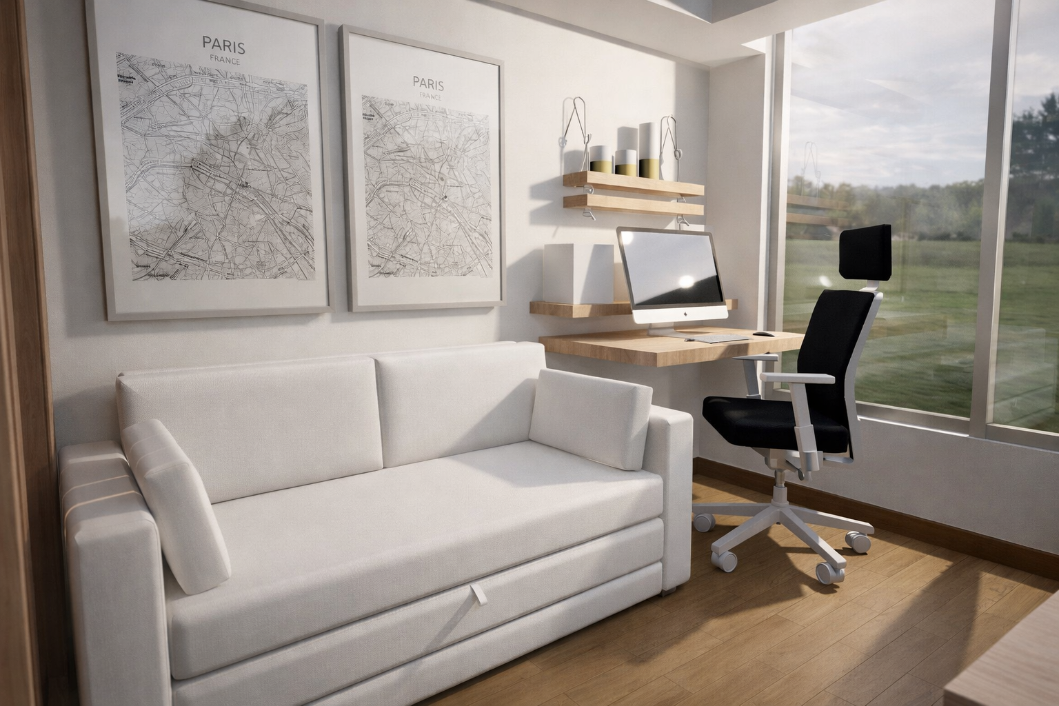 Oficina moderna con sofá blanco, escritorio de madera con monitor, silla negra, cuadros de mapas de París, y vista a un campo con árboles por una ventana de piso a techo.