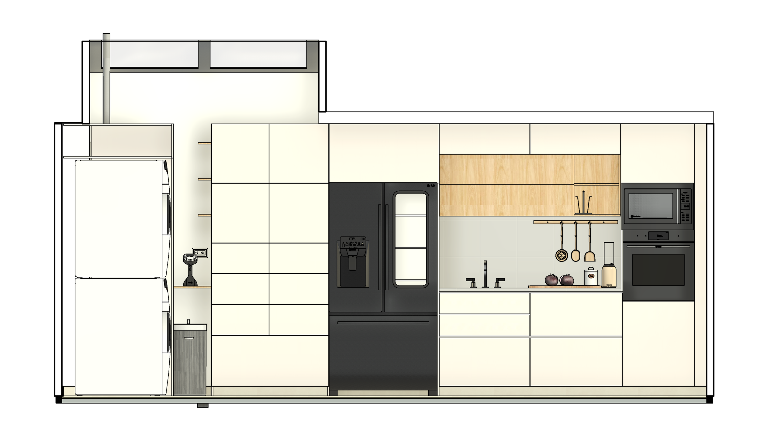 Diseño de cocina moderna con electrodomésticos en tonos negros y blancos, estantes de madera y espacio para lavavajillas y nevera.