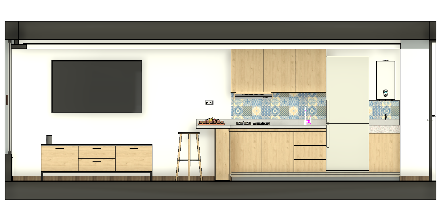 Diseño de una cocina moderna con mobiliario de madera clara, un televisor grande en la pared, un fregadero con grifo rosado, en el fondo azulejos decorativos en tonos azules y blancos, y electrodomésticos integrados.