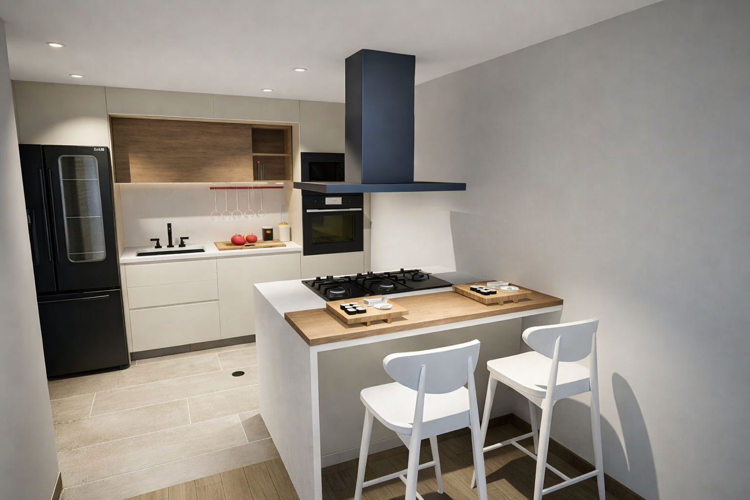 Cocina moderna con mesa de desayuno, estufa, horno, refrigerador negro, y sillas blancas