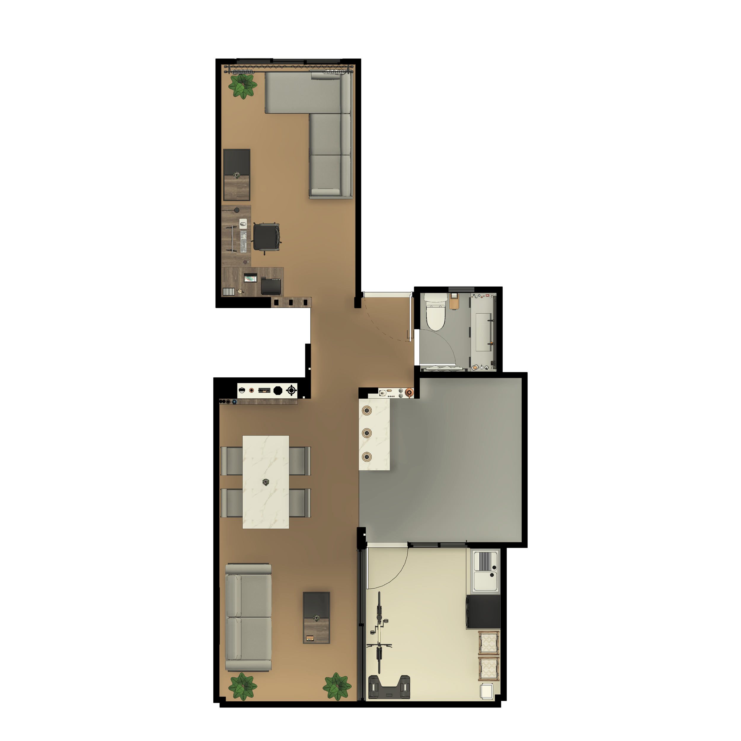 Plano de una vivienda con áreas de sala, comedor, cocina, oficina, baño y dormitorios.