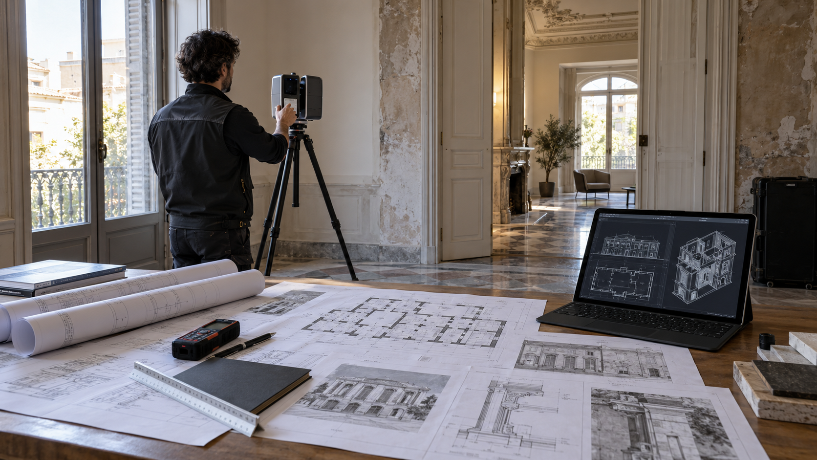 Un arquitecto trabajando en planos y modelos 3D en una oficina con ventanas grandes y decoraciones clásicas.