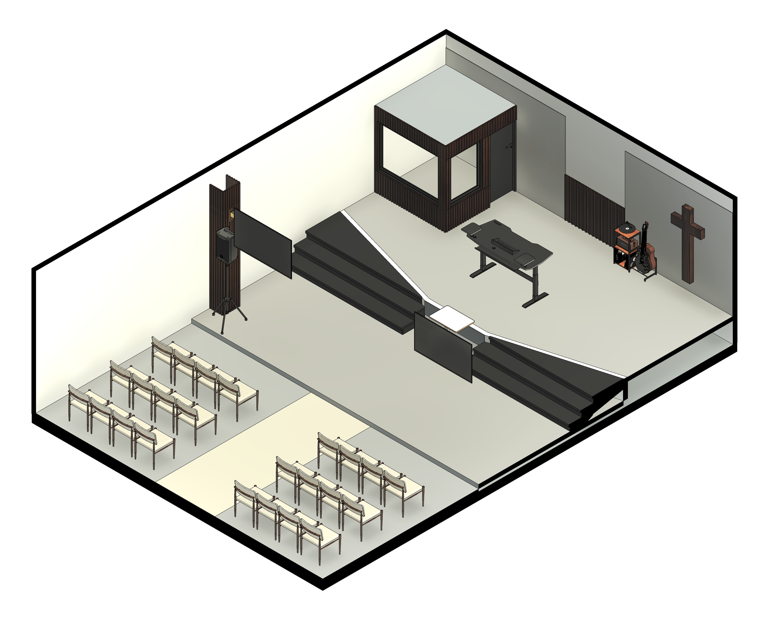 Plano de iglesia cristiana con área de predicación, grupo de asientos para la congregación, escenario con piano y guitarras, cruz en la pared.