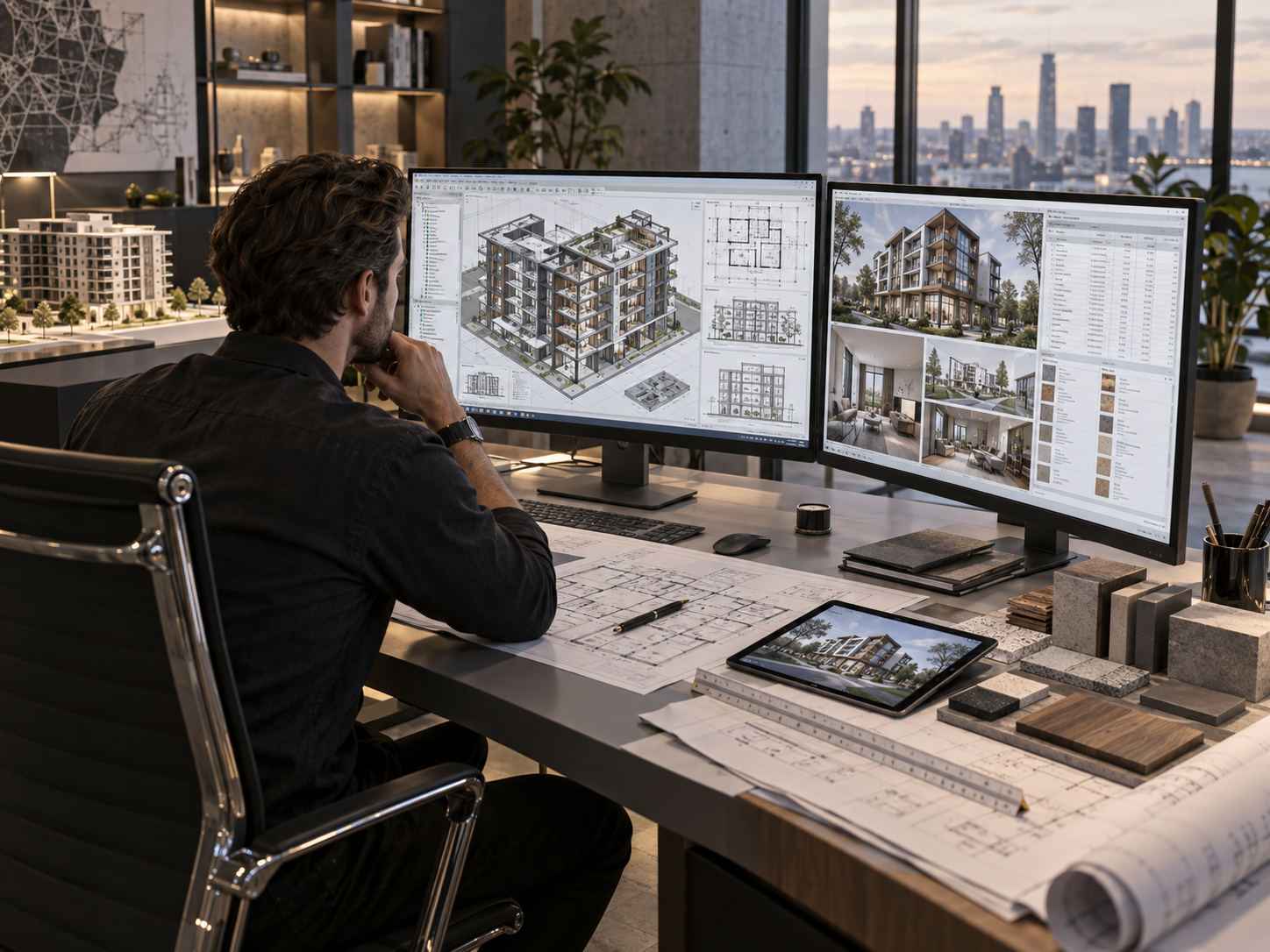Arquitecto trabajando en sus diseños digitales en una oficina con vista a la ciudad, con maquetas y planos en el escritorio.