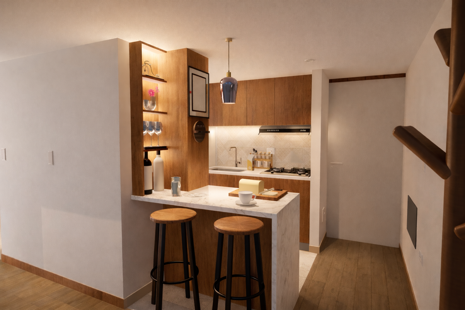 Cocina moderna con isla de mármol y dos taburetes de madera, armarios de madera, estufa de gas, lavabo, y decoración minimalista.