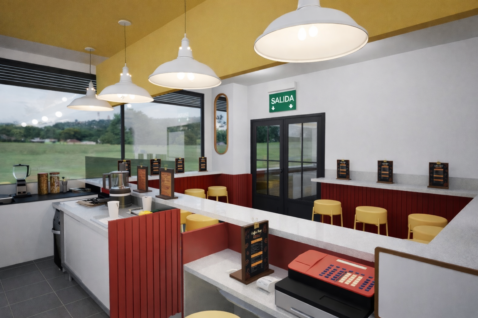 Interiores de una cafetería con mostrador, sillas amarillas, luz blanca, vista hacia afuera con campo verde y señal de salida en español