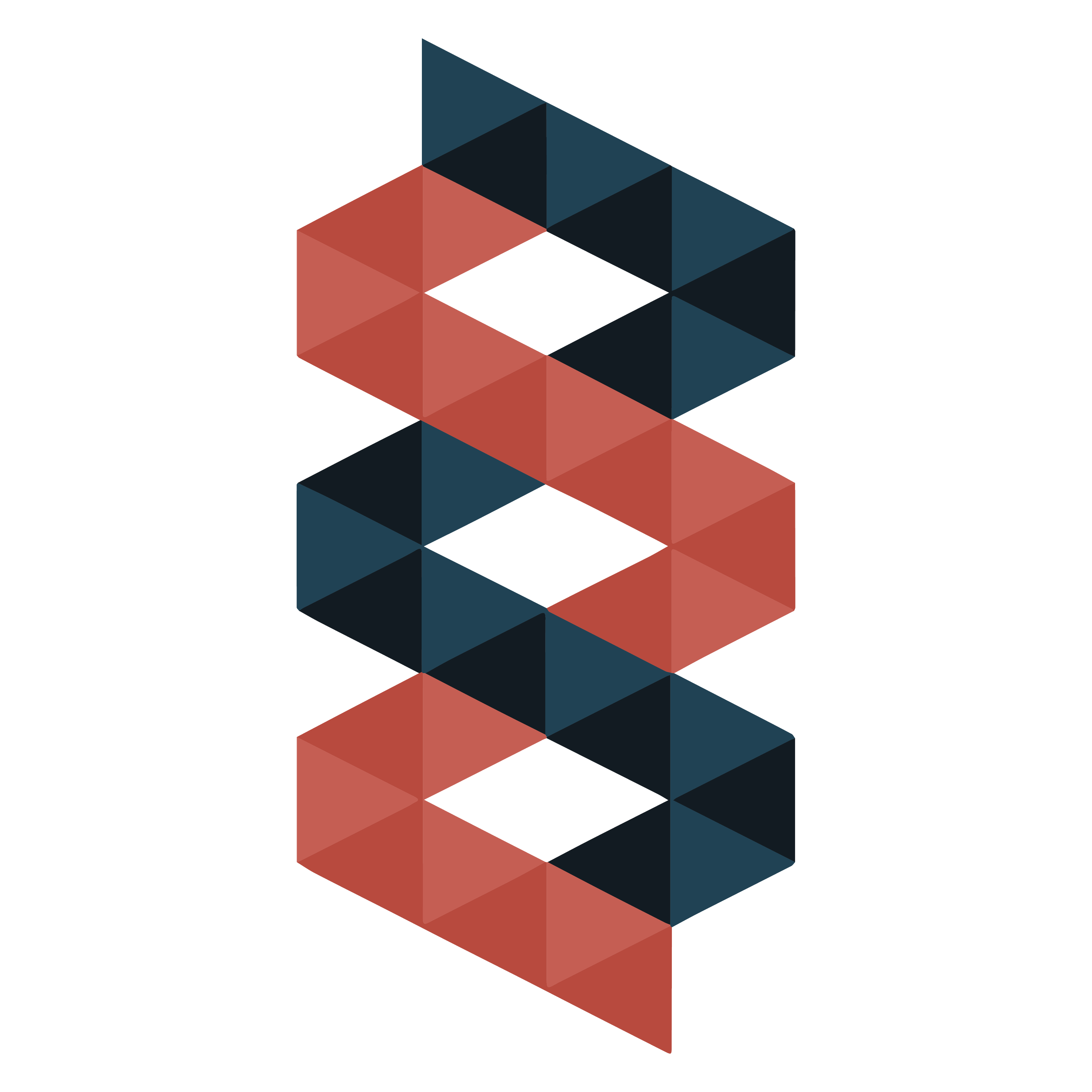 Modelo 3D de una doble hélice de ADN en colores azul oscuro y marrón, con fondo blanco y sombra