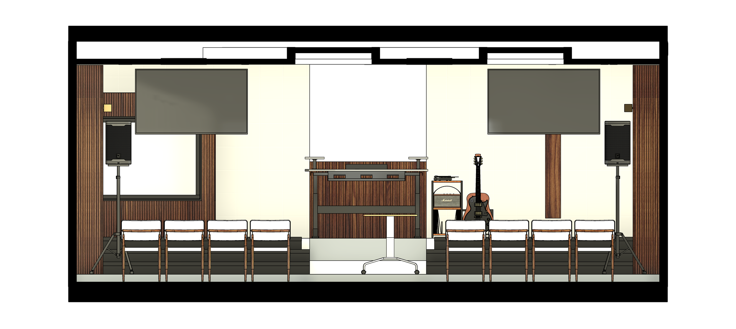 Diseño de una sala de conciertos con televisores, altavoces, un piano, guitarra y sillas en un escenario con paredes de madera.
